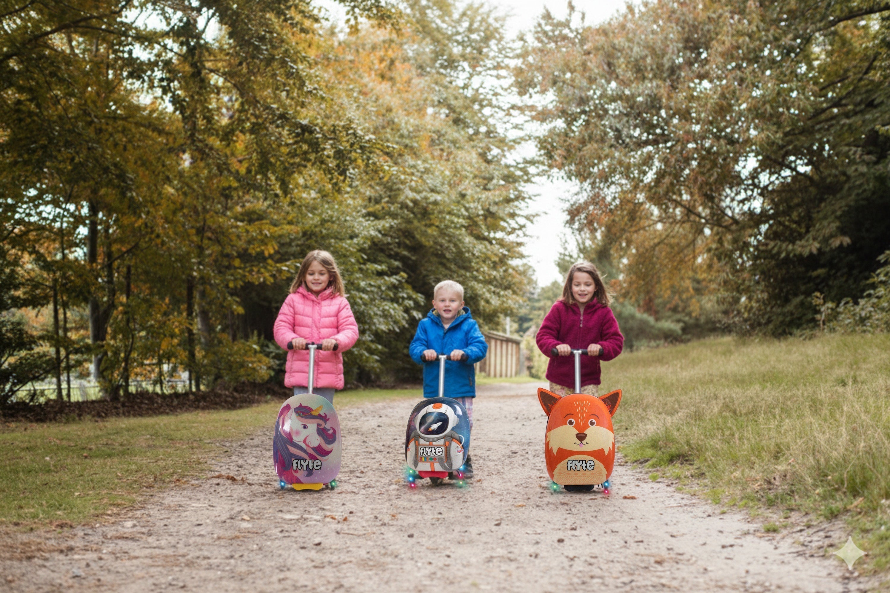 Flyte Scooter Suitcases being used by 3 children on an outside adventure.