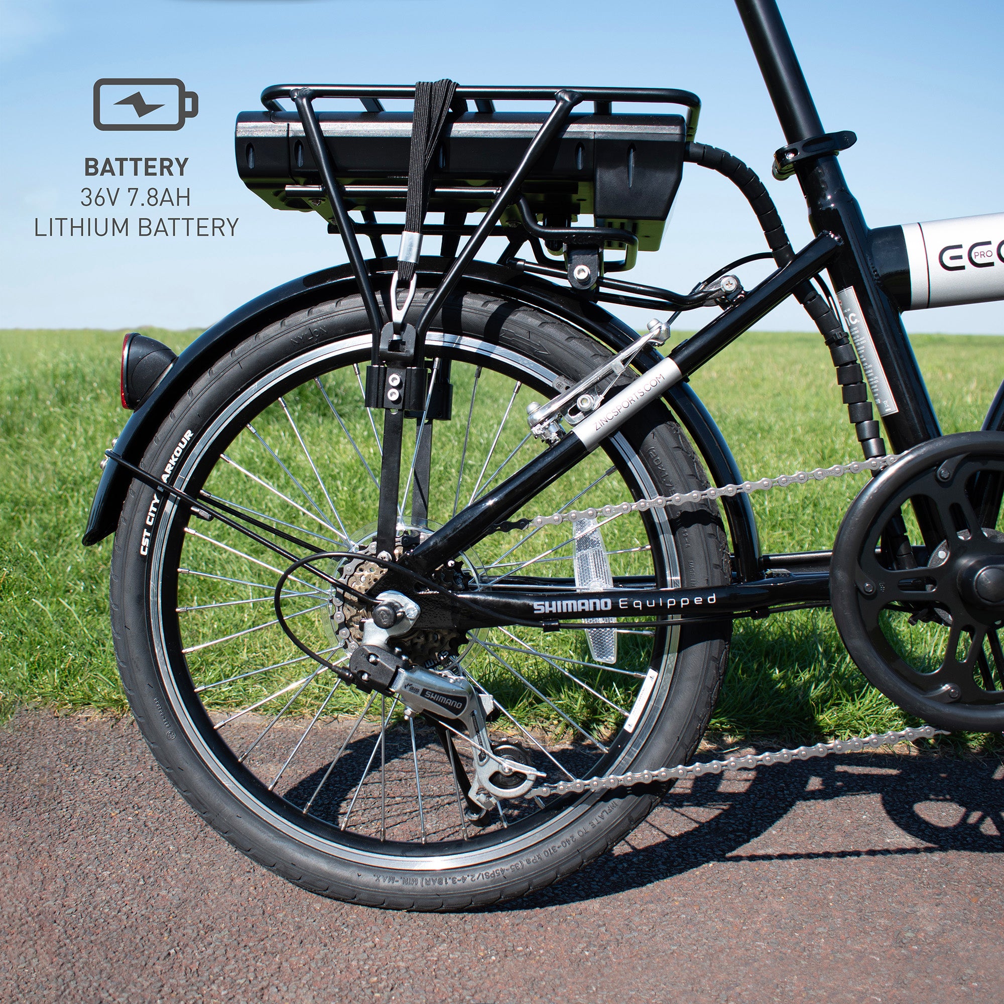 Electric bike rear wheel with pannier holder and reflectors for safe cargo carrying and visibility