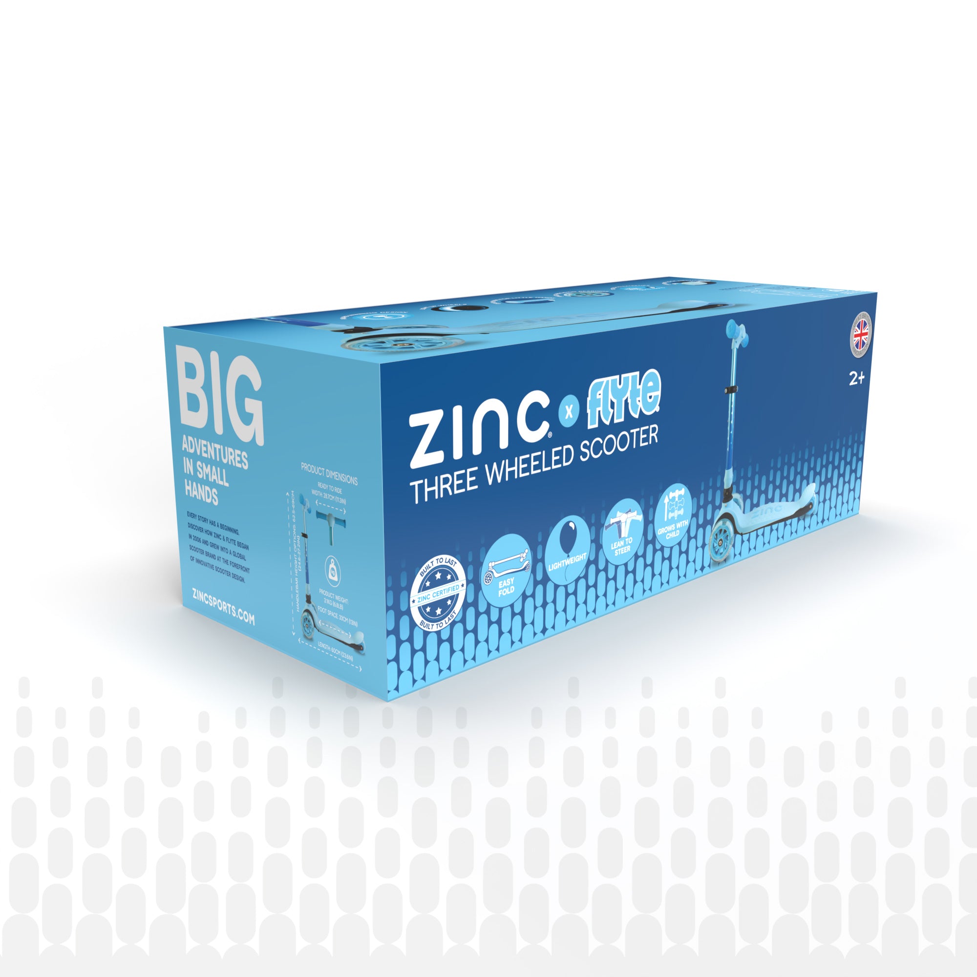 Blue Zinc Flyte scooter product packaging and box