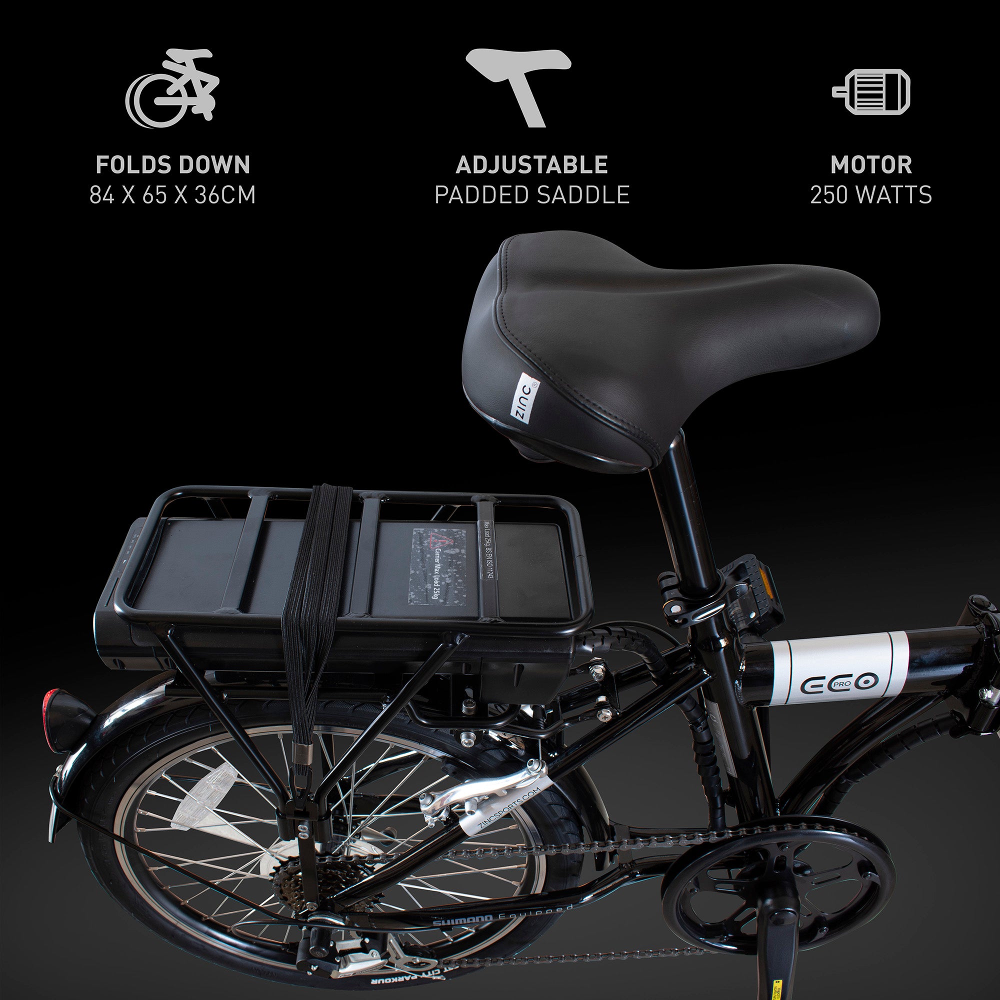 Electric bike rear view showing V-brakes, reflectors, and pannier mounting system for safe riding