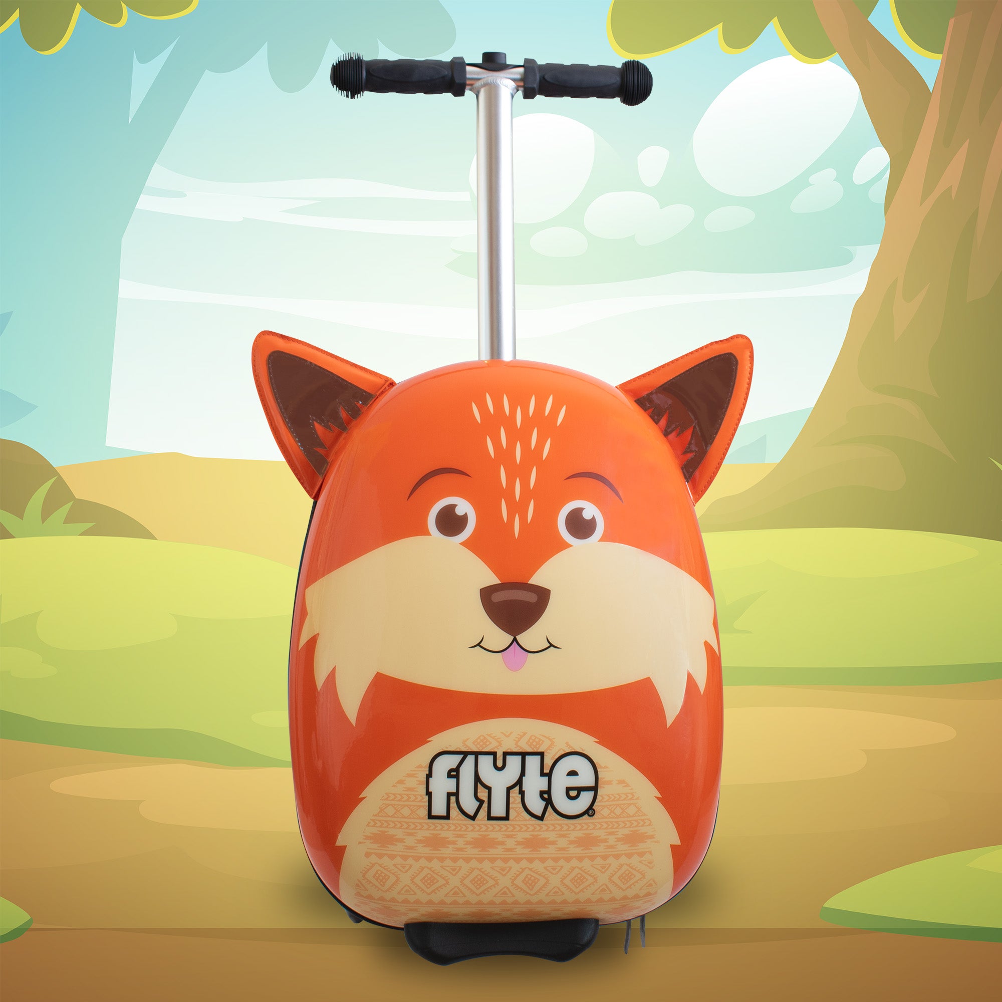 Frazer the Fox scooter suitcase telescopic handle extended for easy pulling and maneuvering