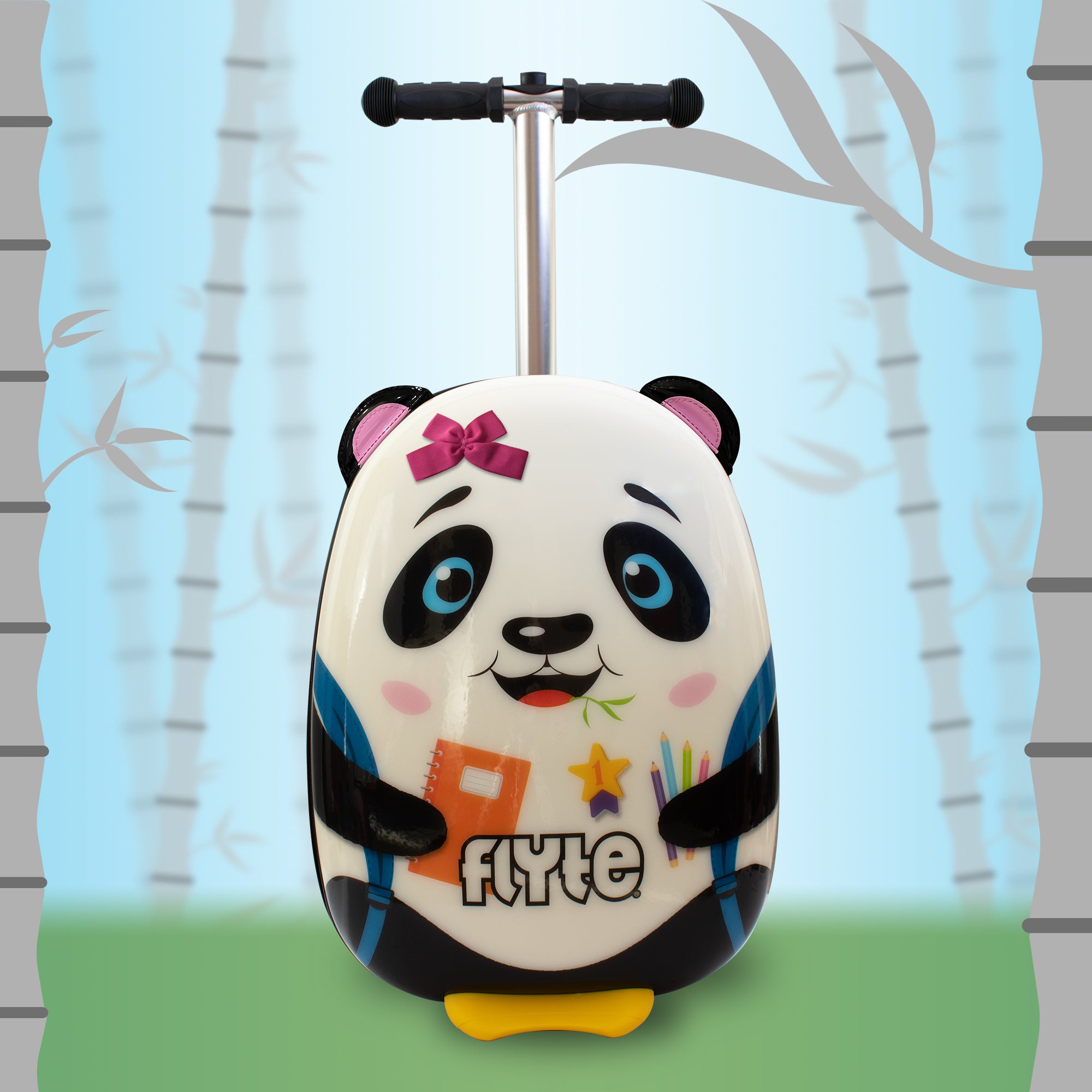 Penni the Panda scooter suitcase telescopic handle extended for easy pulling and maneuvering