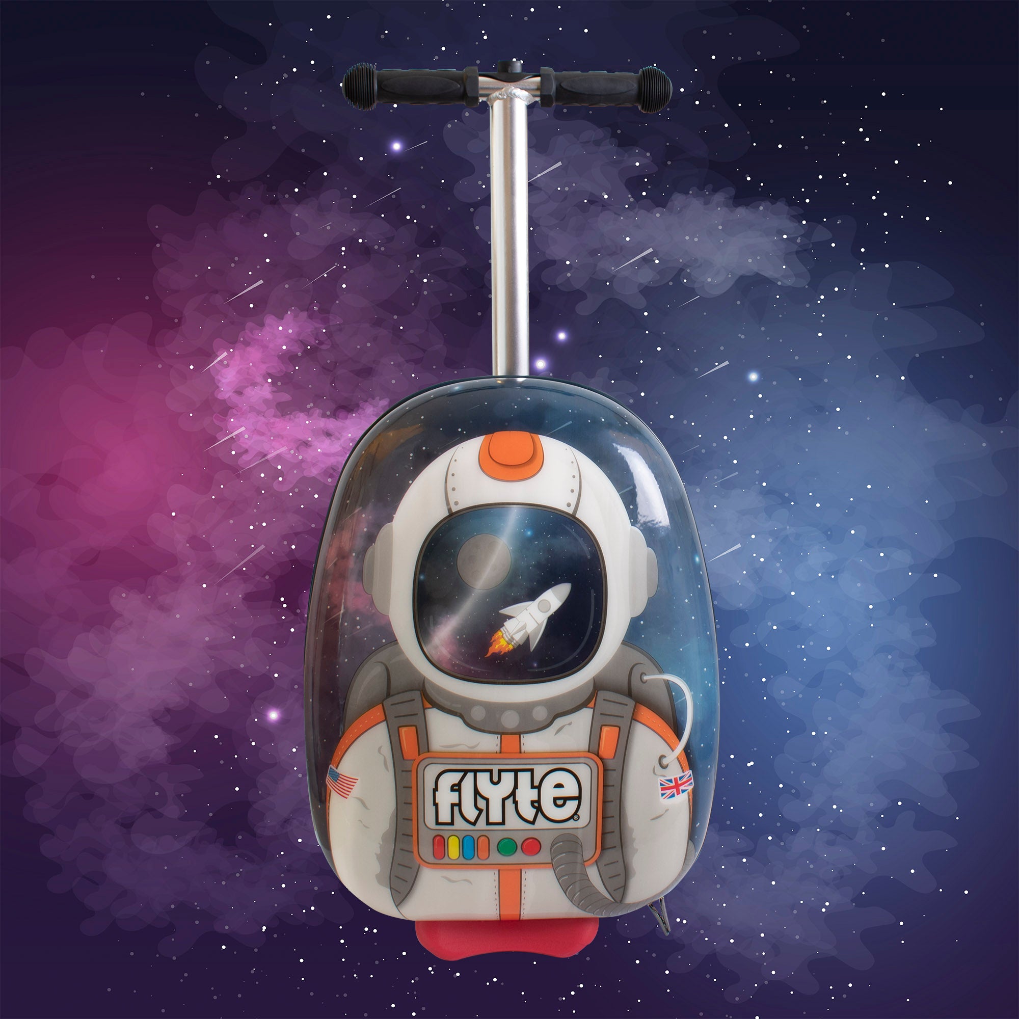 Sammie Spaceman scooter suitcase telescopic handle extended for easy pulling and maneuvering