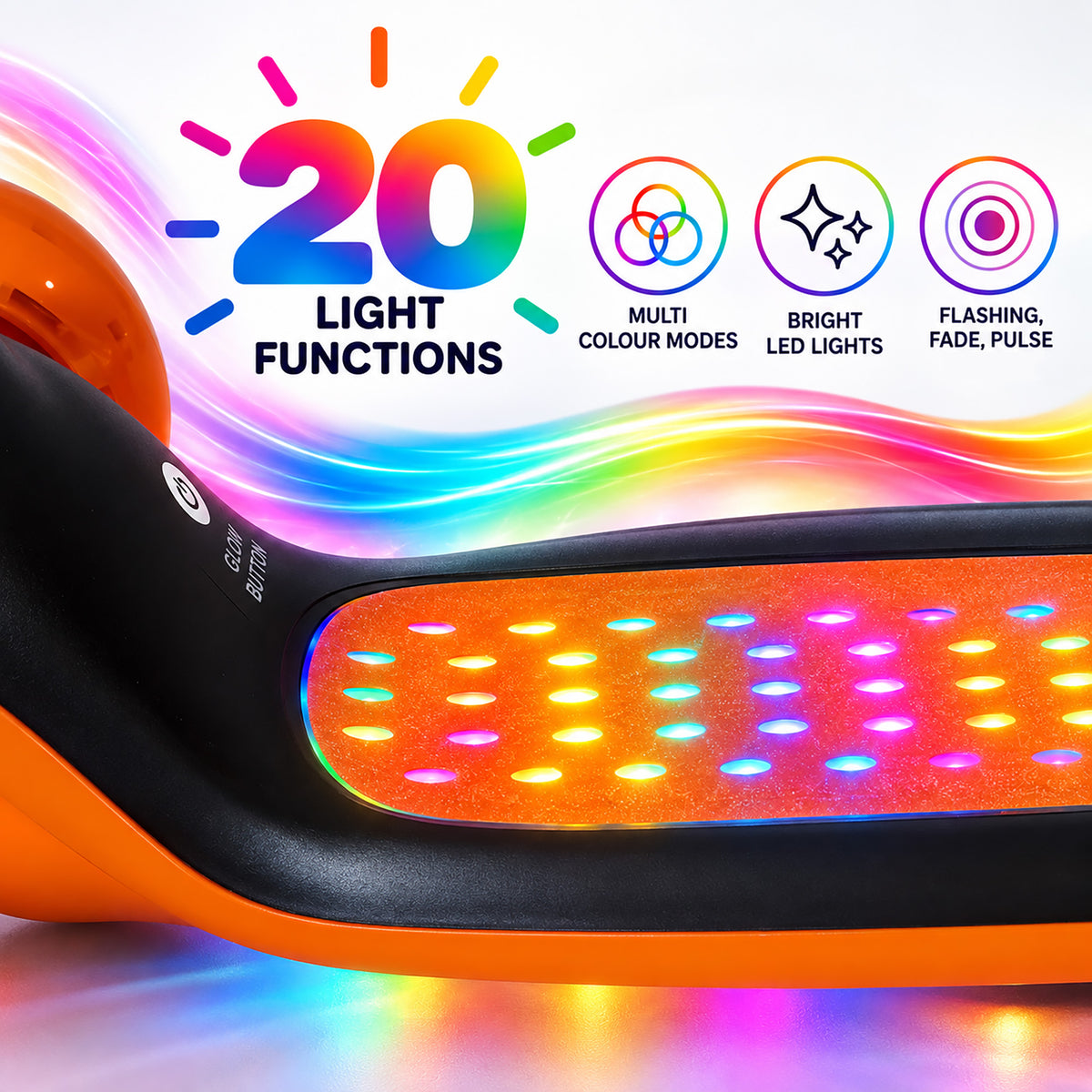 An orange and black LED light bar with a glowing multicolor light panel, shown with promotional text highlighting 20 light functions, multi color modes, bright LED lights, and flashing/fade/pulse modes.