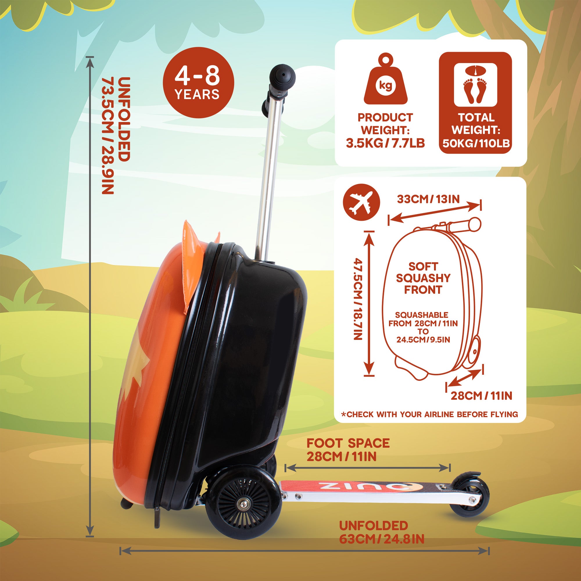 Frazer the Fox scooter suitcase side profile in riding position showing lean-and-steer functionality