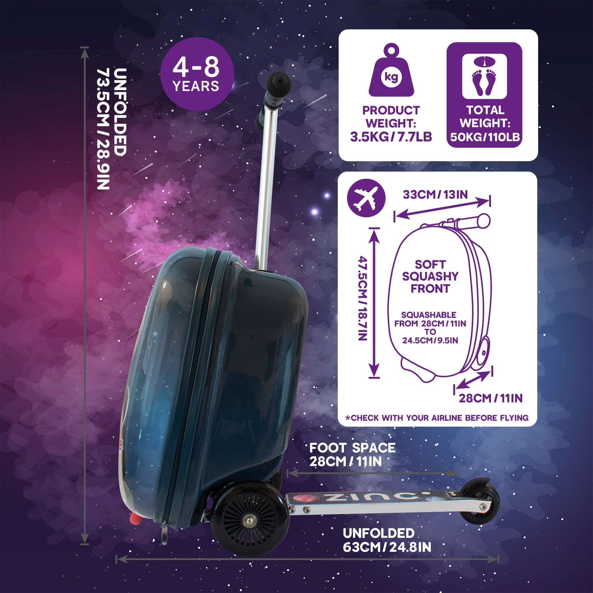 Sammie Spaceman scooter suitcase side profile in riding position showing lean-and-steer functionality