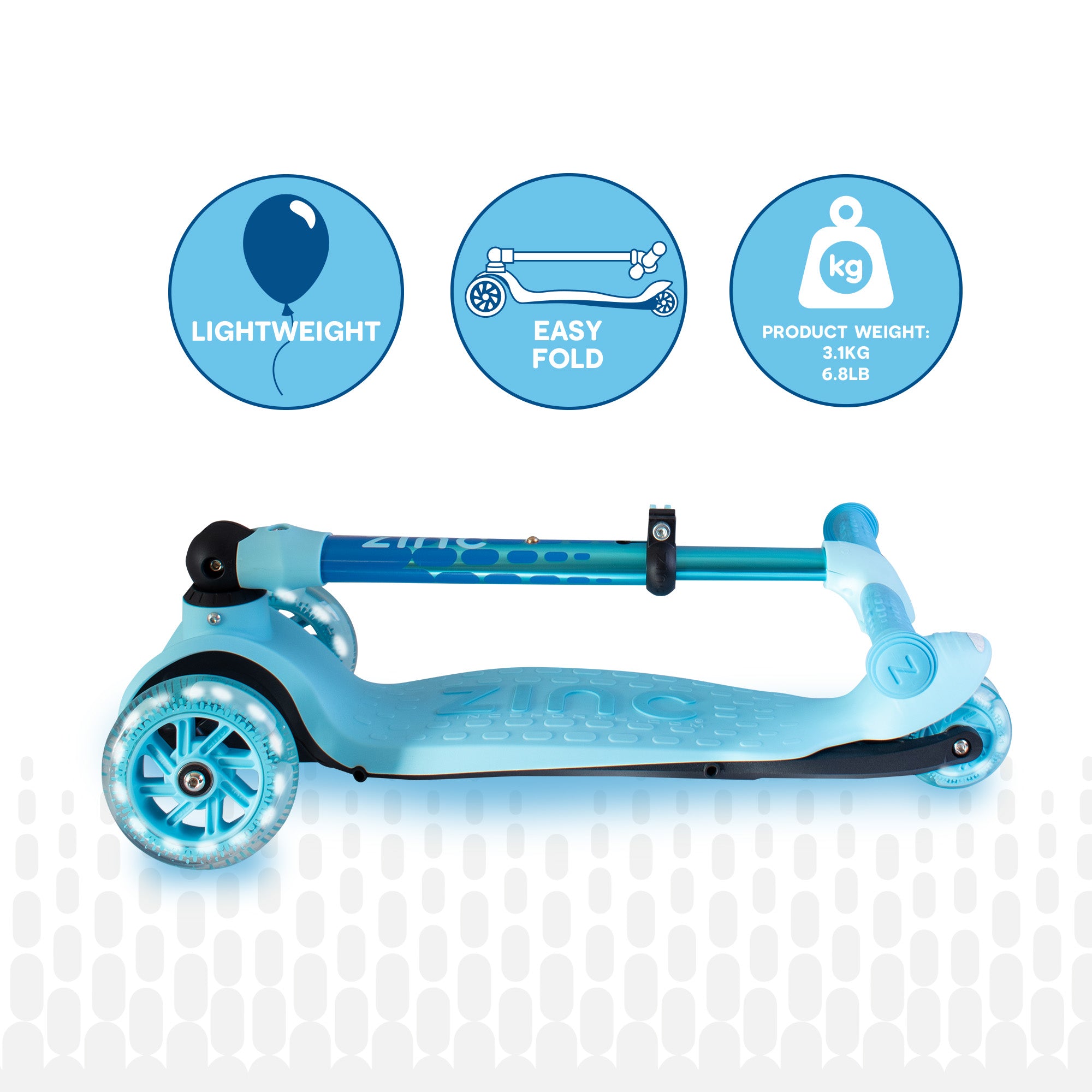 Blue Zinc Flyte scooter in folded position for easy storage and transport