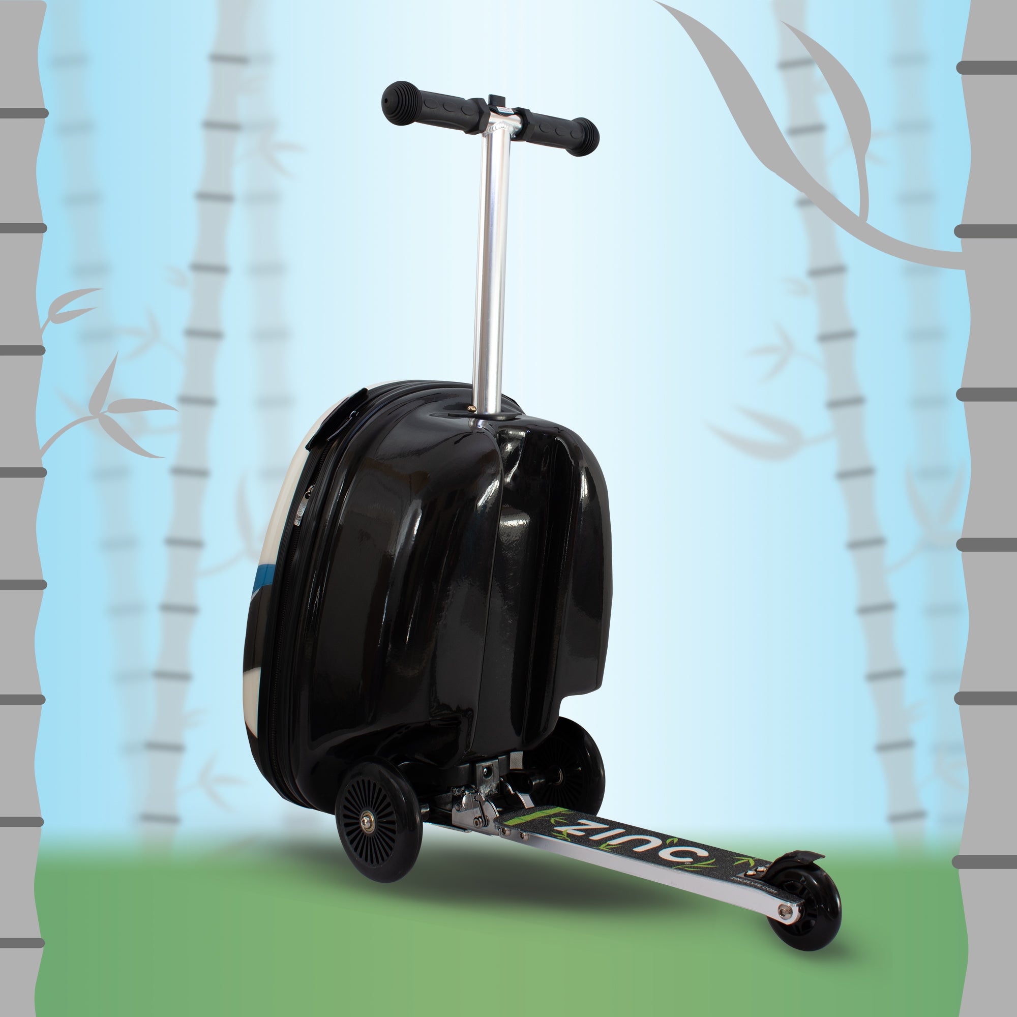 Penni Panda scooter suitcase rear view in riding mode showing extended deck and panda-themed design