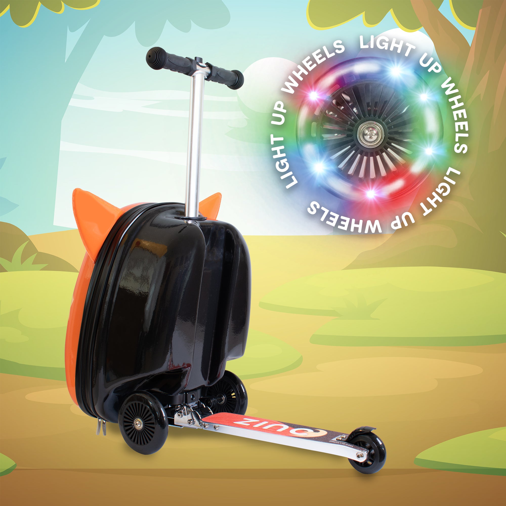 Frazer the Fox scooter suitcase transformed into ride-on scooter with LED light-up wheels and fox theme