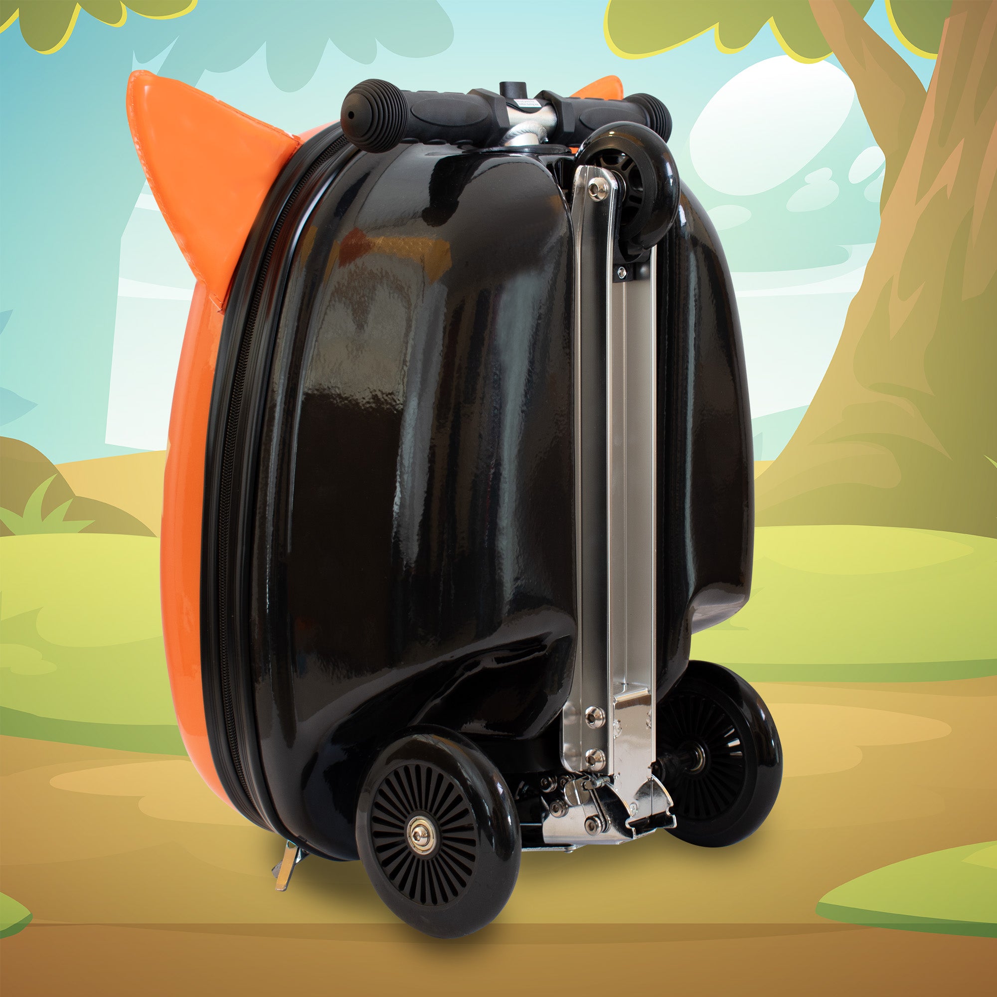 Back panel of Frazer the Fox scooter suitcase displaying compact fold away design