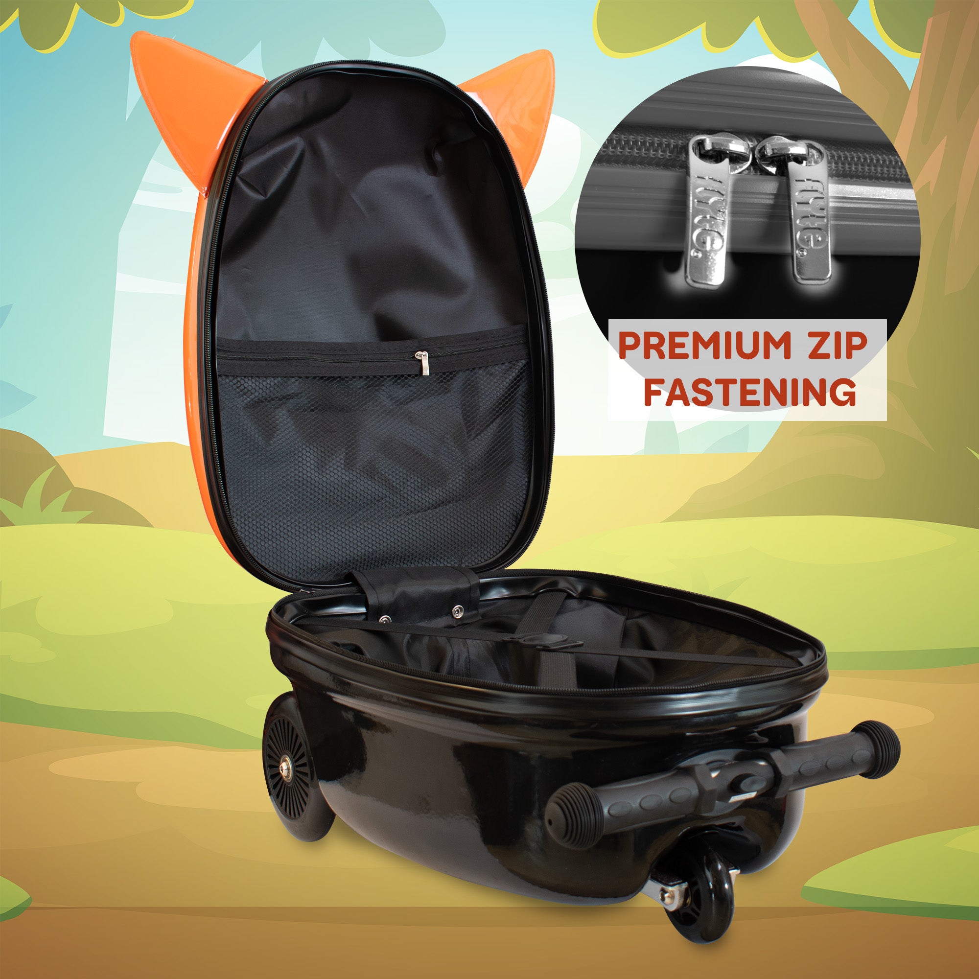Frazer the Fox scooter suitcase interior showing spacious packing compartment for kids travel essentials