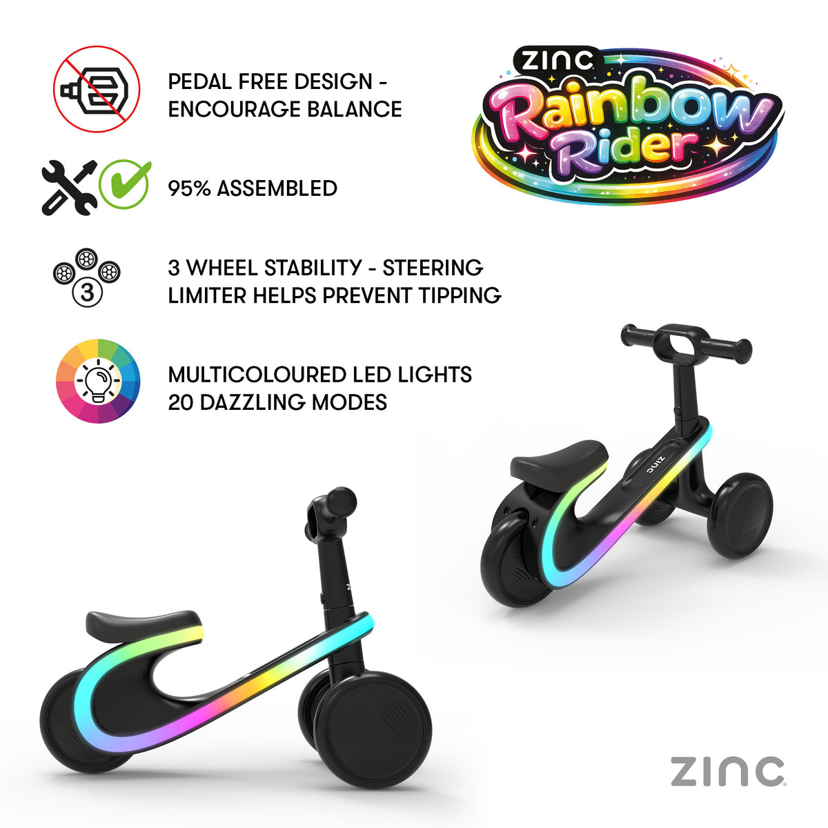 Zinc Rainbow Rider 3-wheel balance bike in black with a multicolor LED light strip, shown on a white background with feature callouts and the Zinc brand logo.
