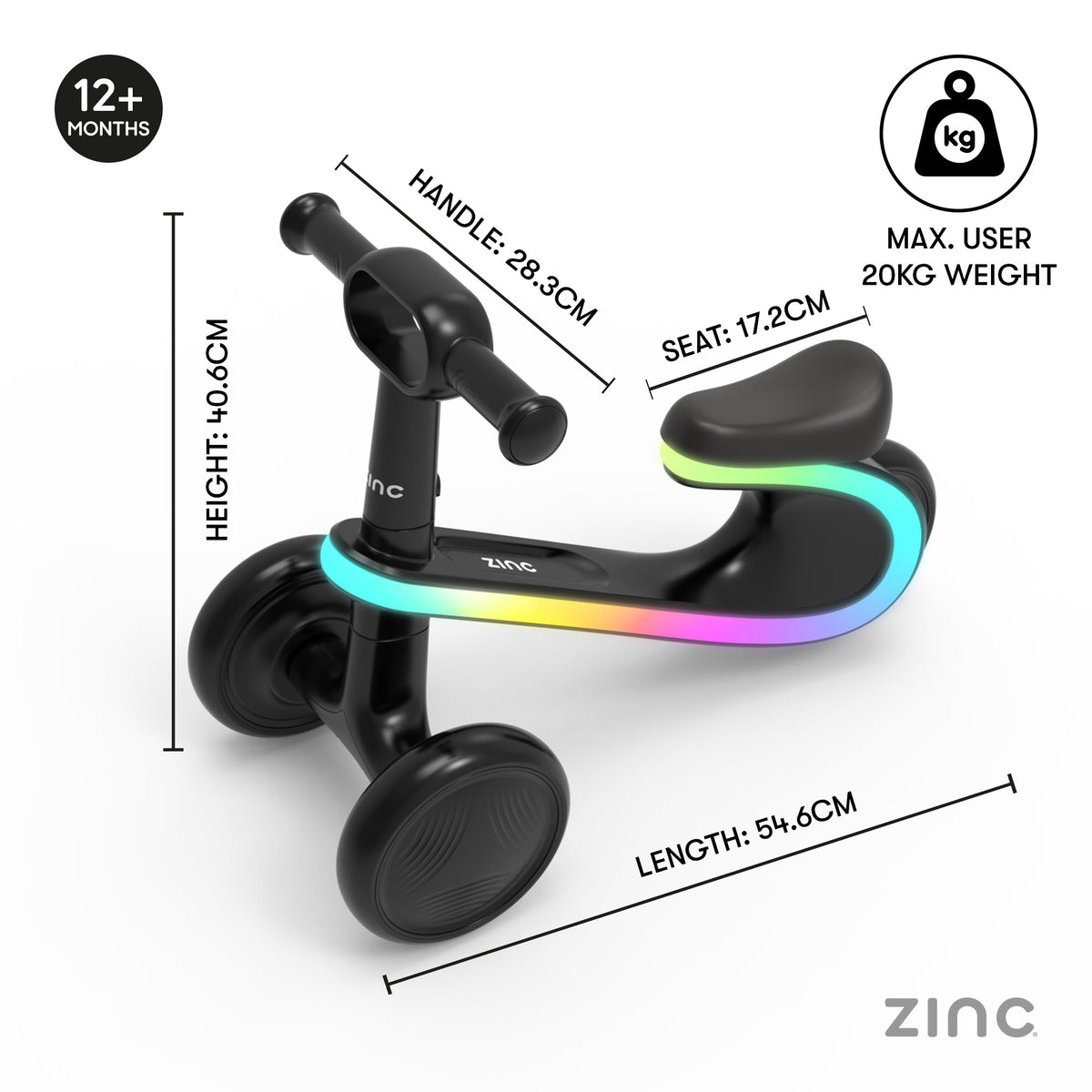 Black children's balance bike with illuminated rainbow LED accents, shown with dimension lines and text indicating handle, seat, height, and length. Includes a 12+ months age badge and a max user weight icon on a white background.
