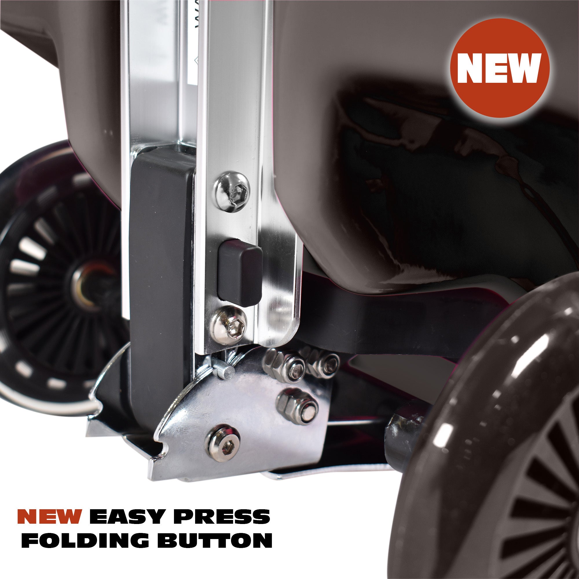 Close-up of a product with an 'NEW' label and text about an easy press folding button.