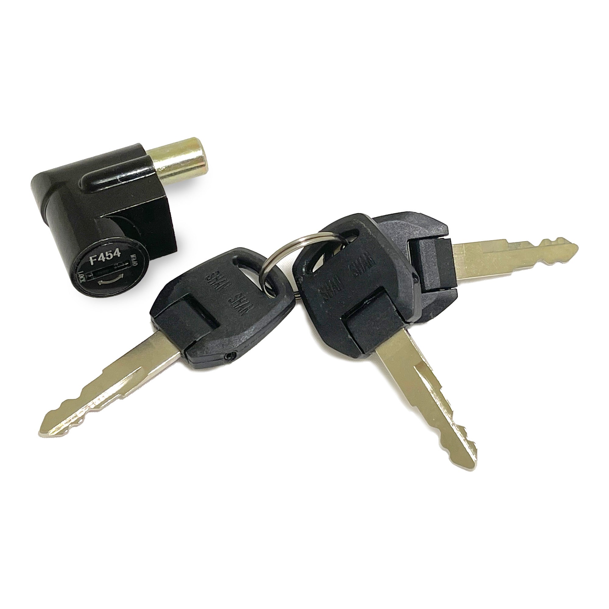 A black battery lock with the brand name 'ZINC' on it, alongside three keys.