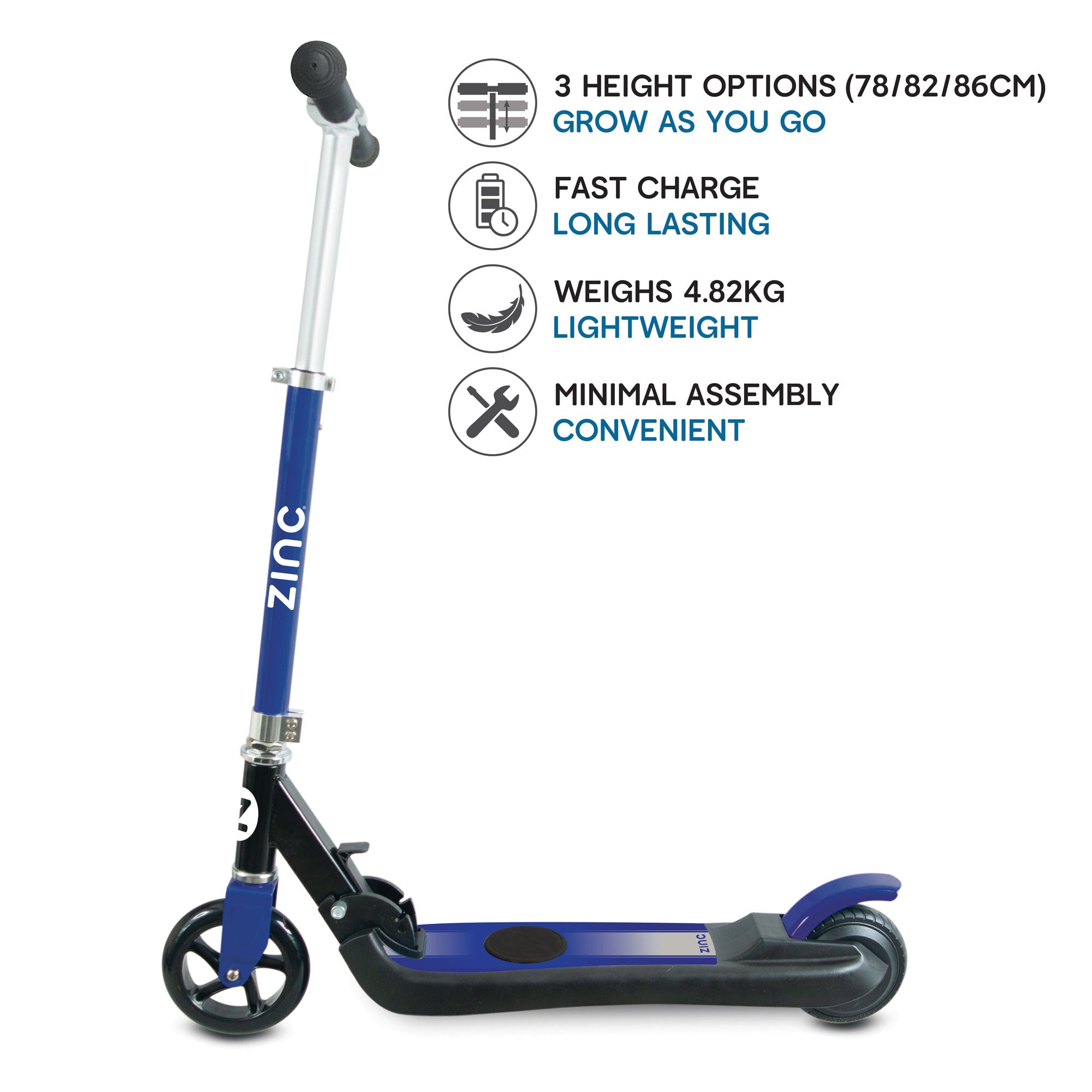 Kids electric scooter with 3 adjustable height options 78cm-86cm and simple push-off activation system
