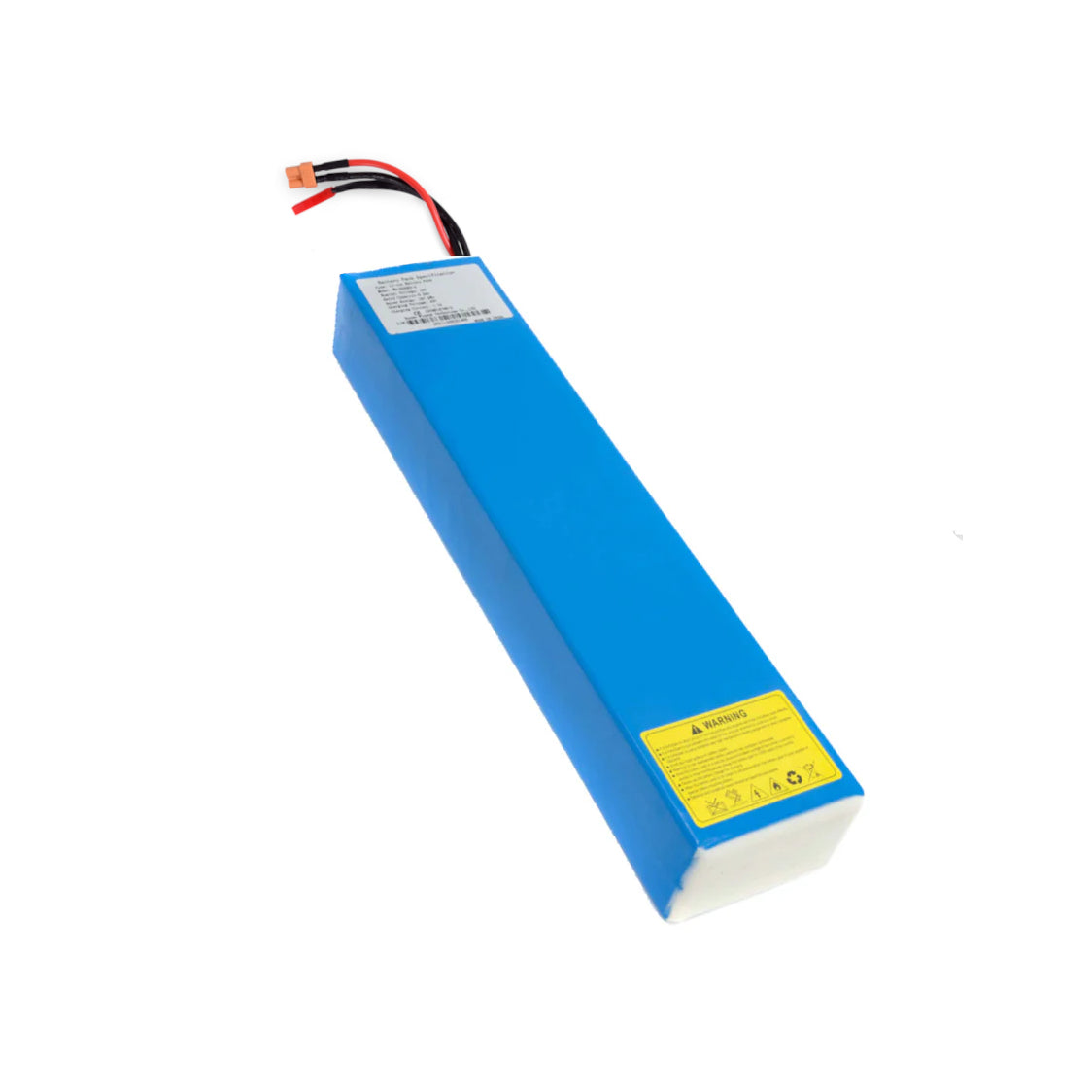 A blue lithium battery pack for an electric scooter with attached wires and a yellow label.