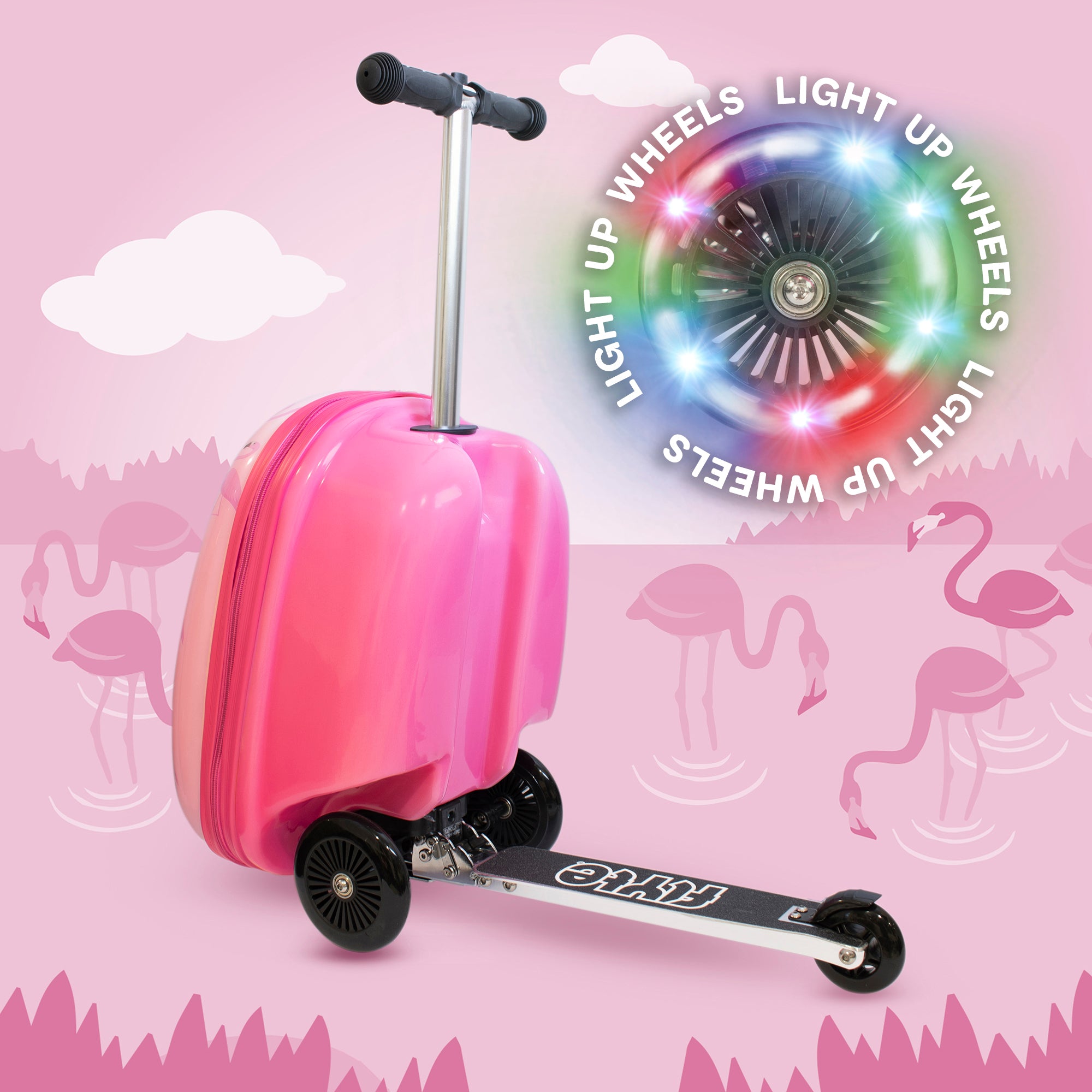 Pink scooter suitcase with light-up wheels on a pink background with flamingo illustrations