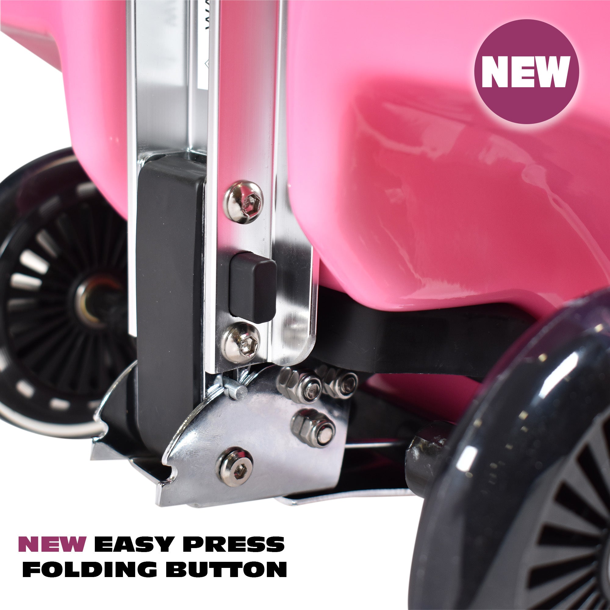 Close up of easy press folding button on the flamingo scooter suitcase