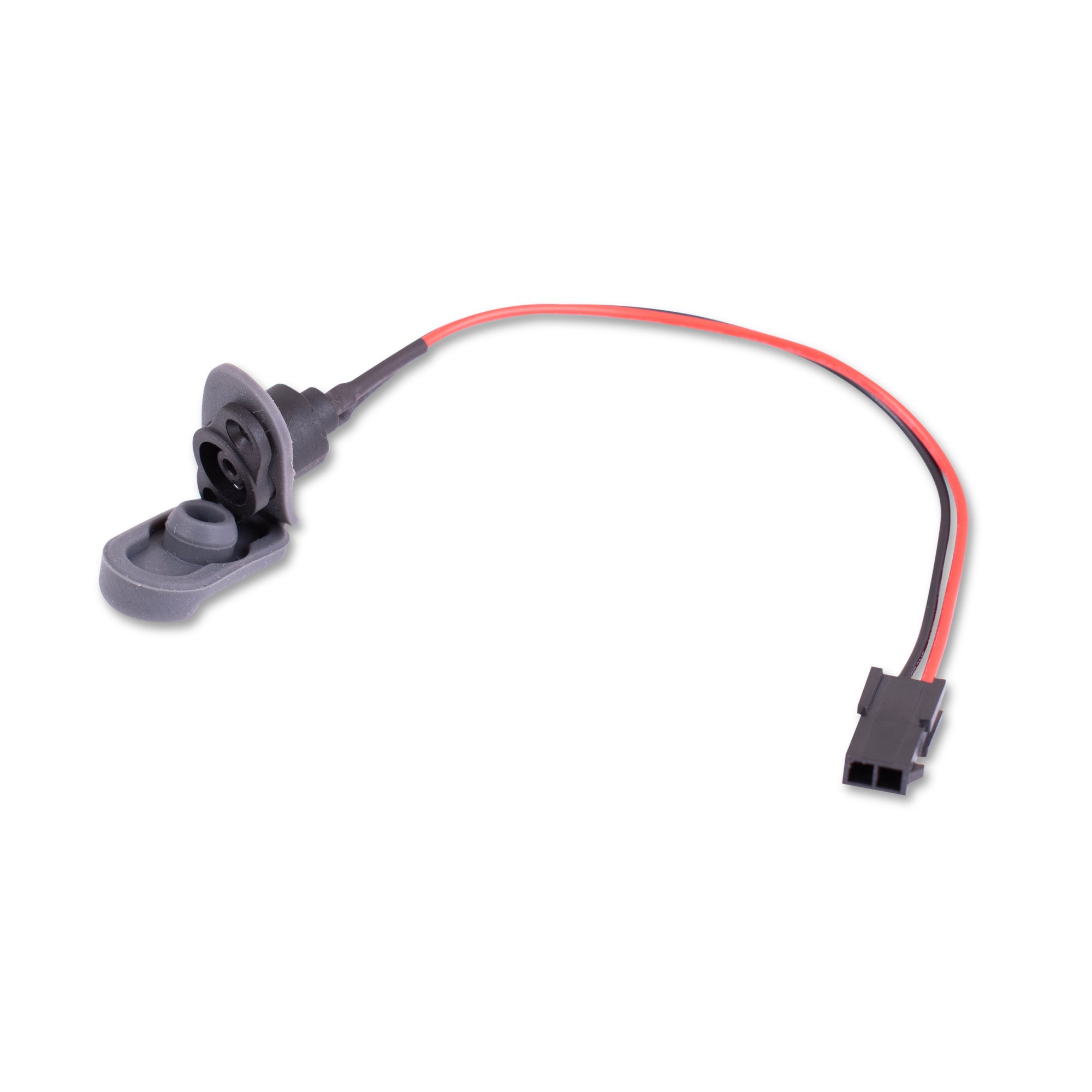 A gray charging port for electric scooters with a red and black wire.