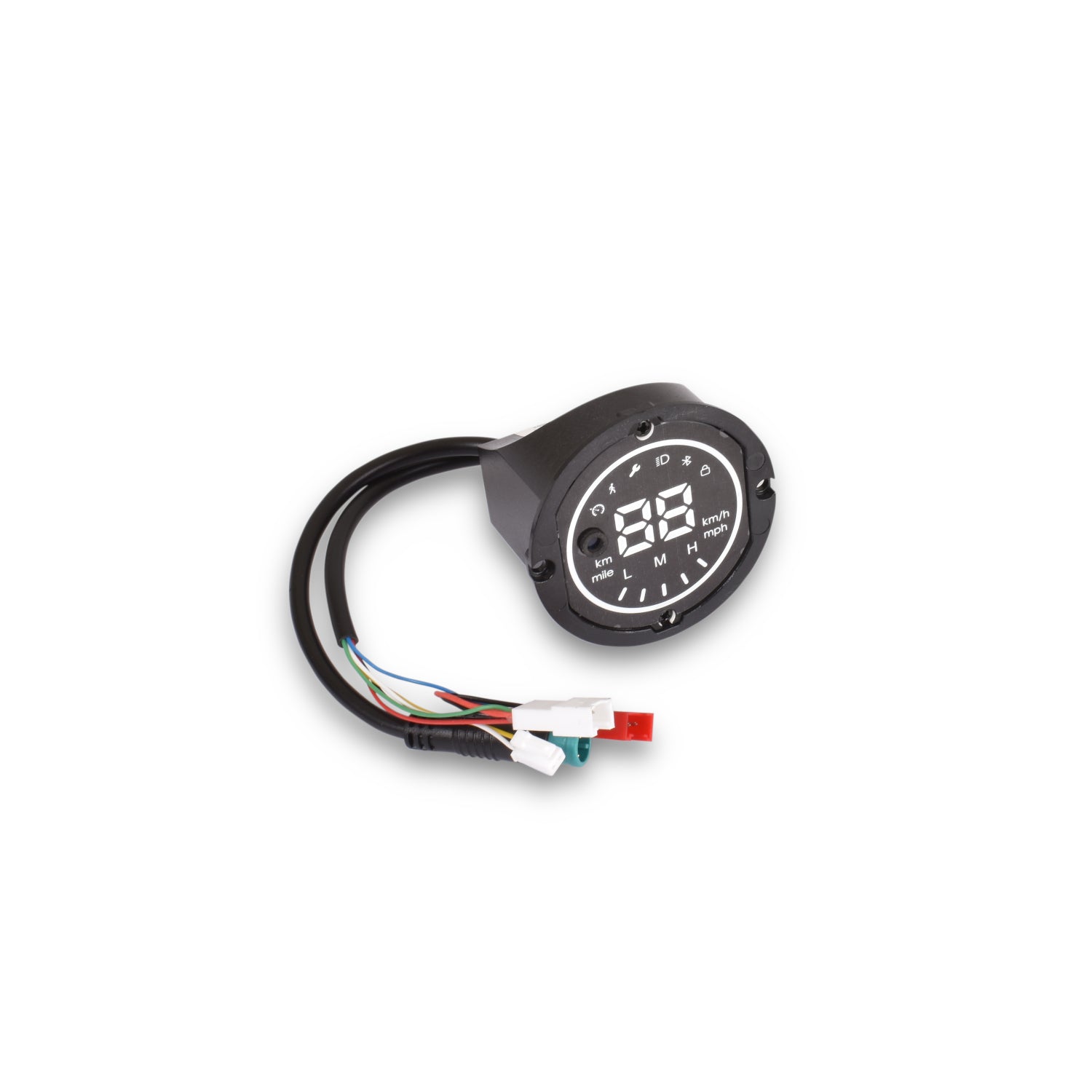 A black and white digital display control panel for electric scooters with wires attached.