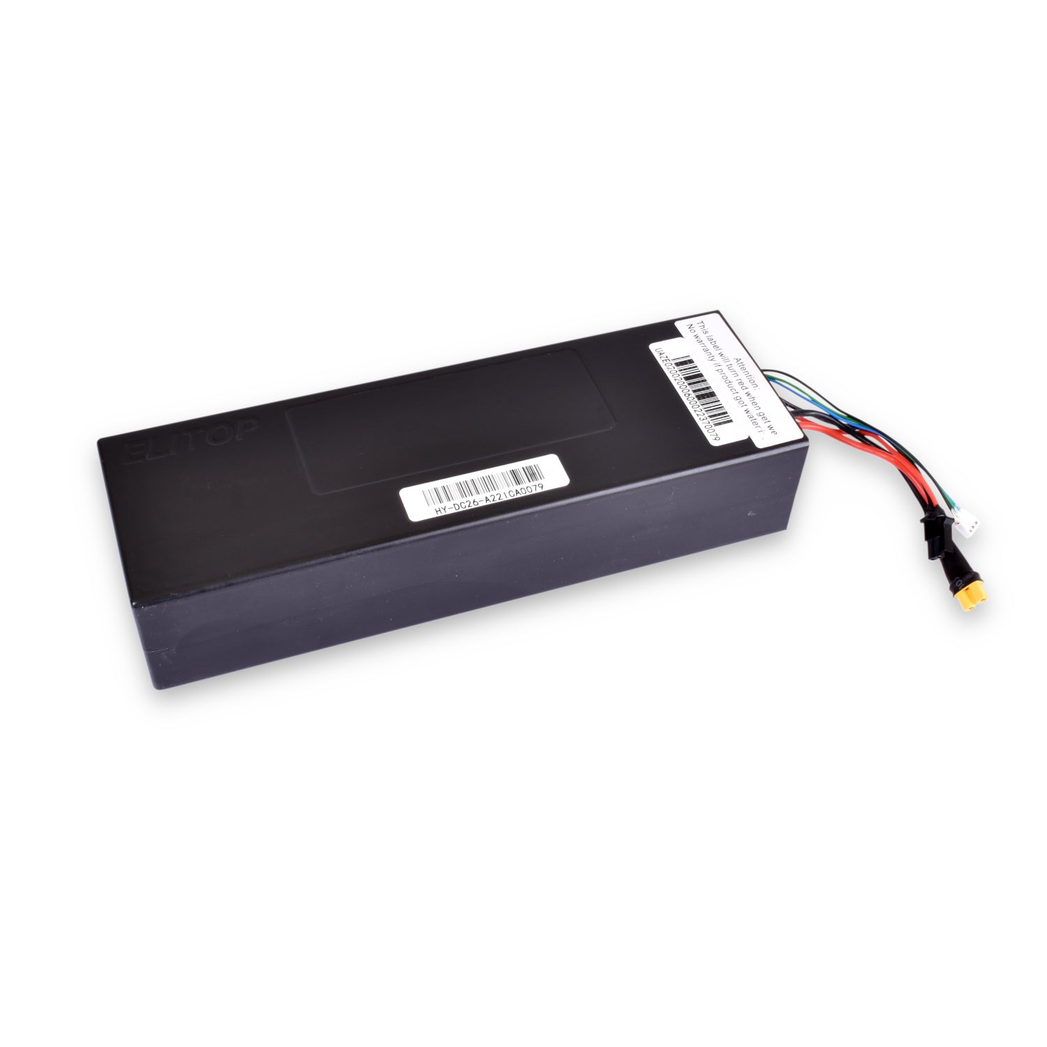 A black lithium battery pack with multicolored wires attached, labeled as a product for an electric scooter.