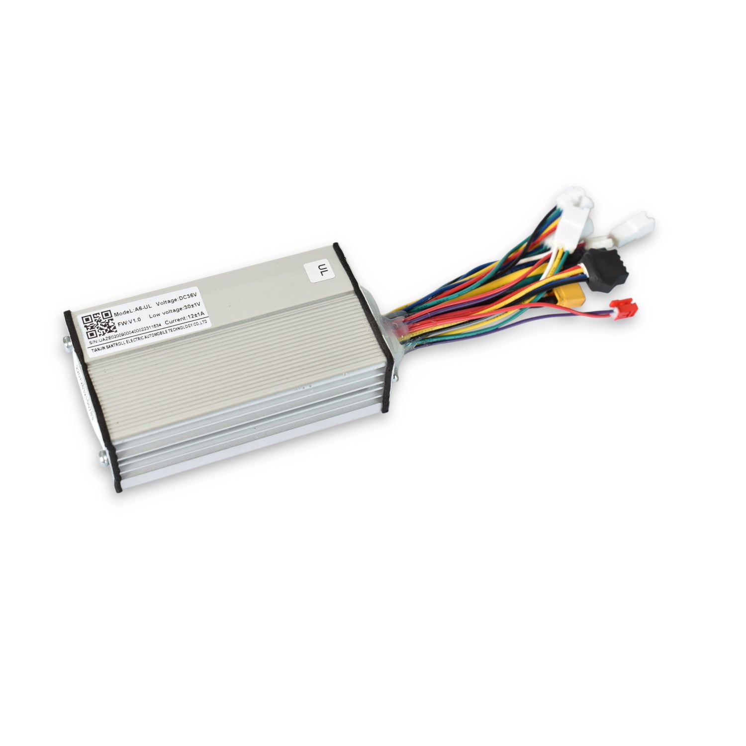 A silver speed controller module for the Formula E GZ3 Electric Scooter with various colored wires.