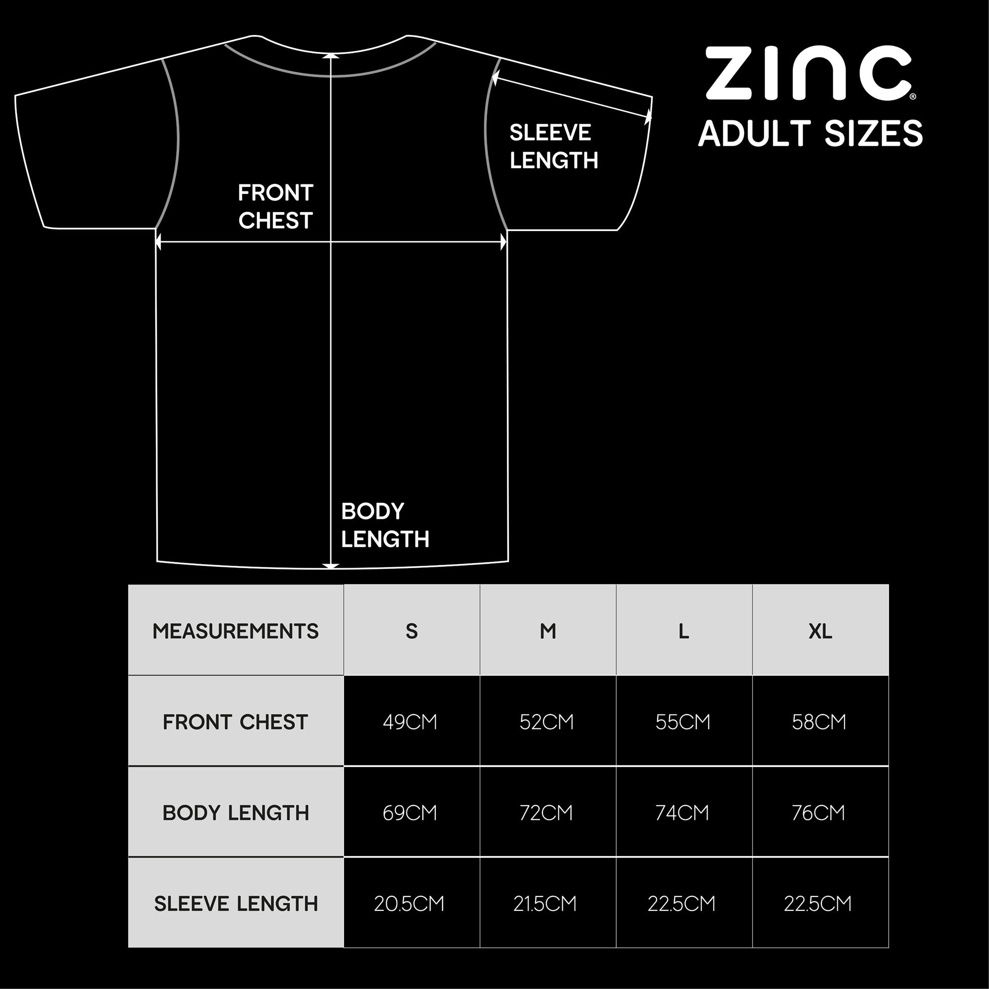 Zinc clothing size chart for adults sizes small to extra large