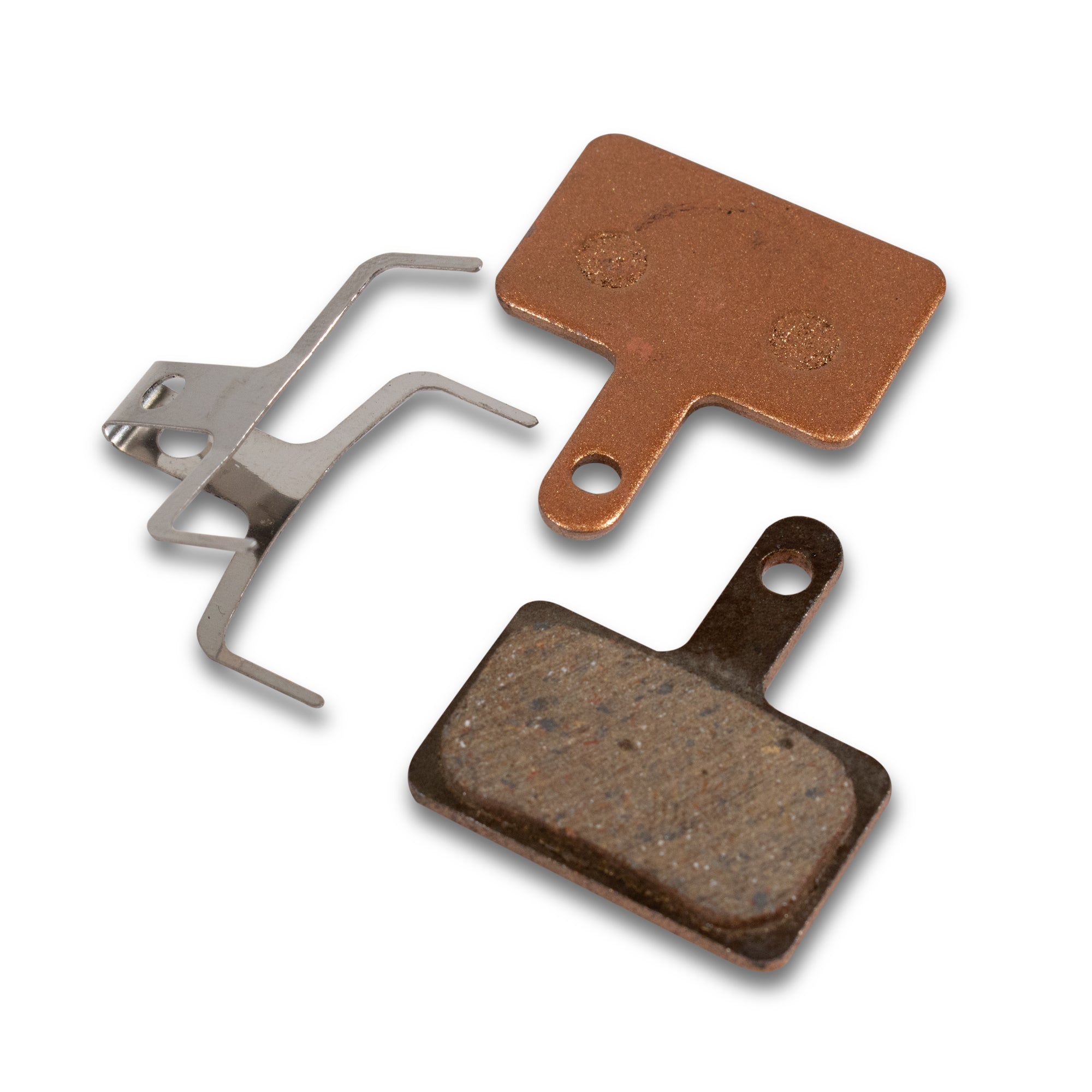 Replacement disc brake pads for electric scooters, including a metal bracket and two brake pads with visible wear.