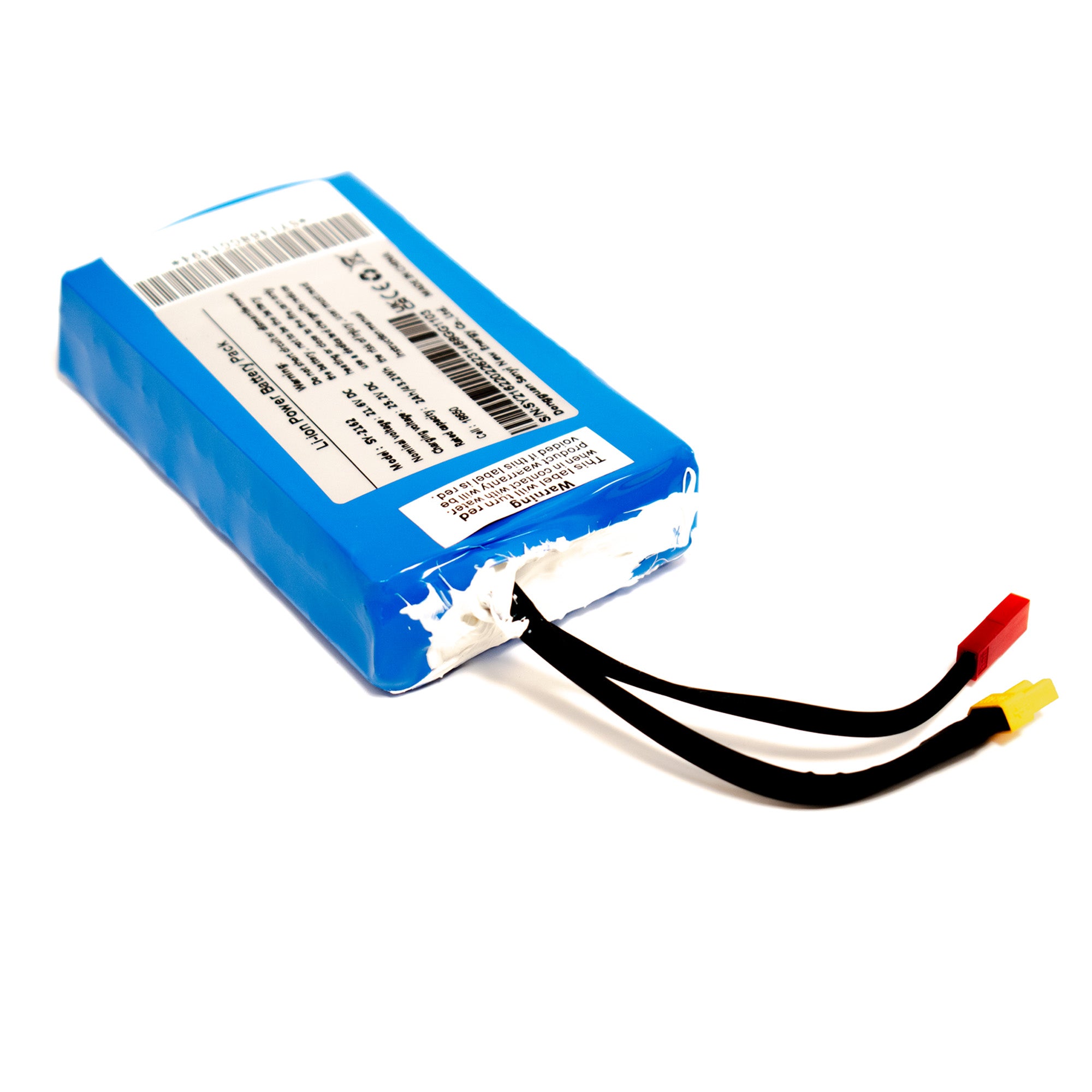 A blue lithium-ion battery for an electric scooter with connected black and red wires, and white terminals.