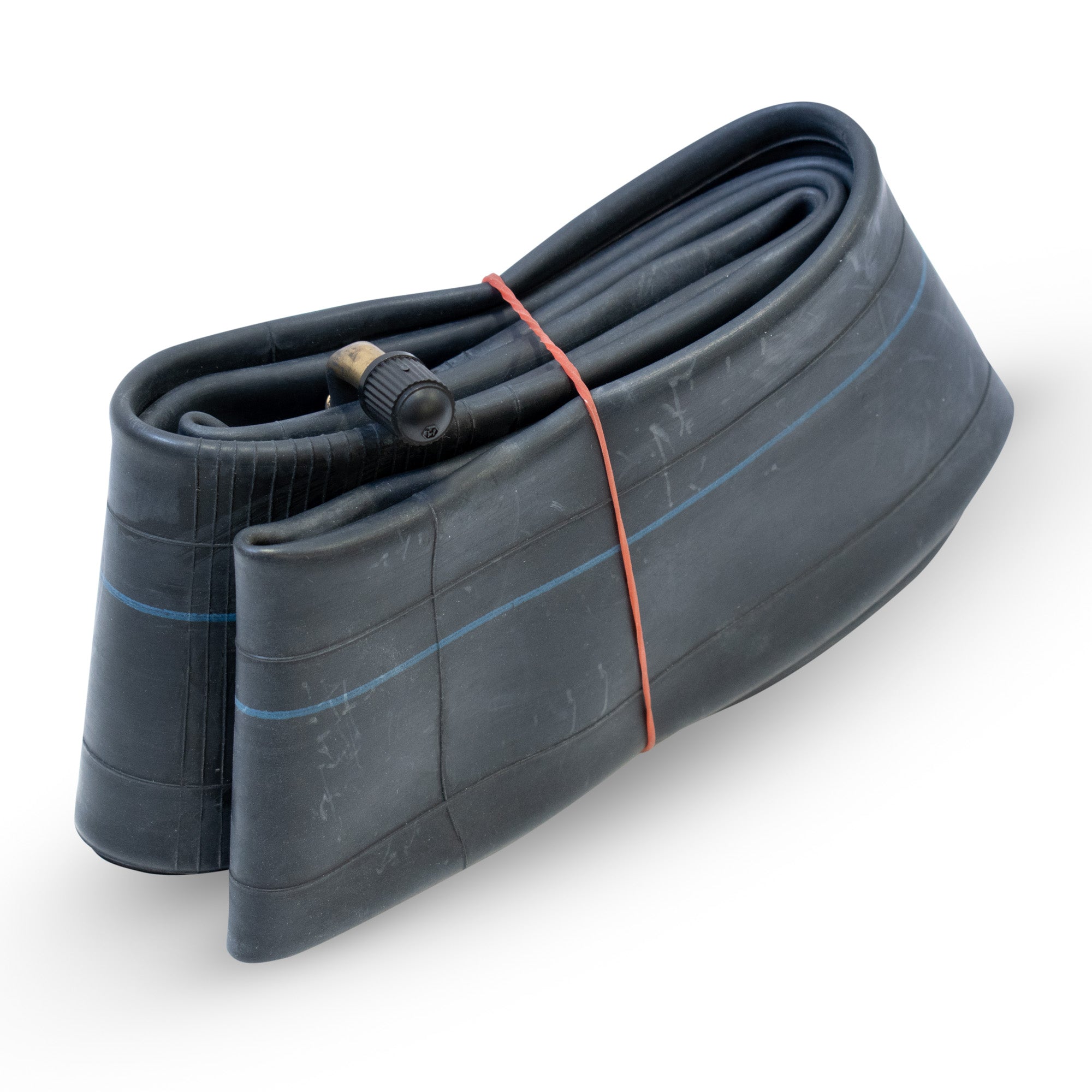 A coiled black inner tube for an electric scooter with a visible red marking near the valve.