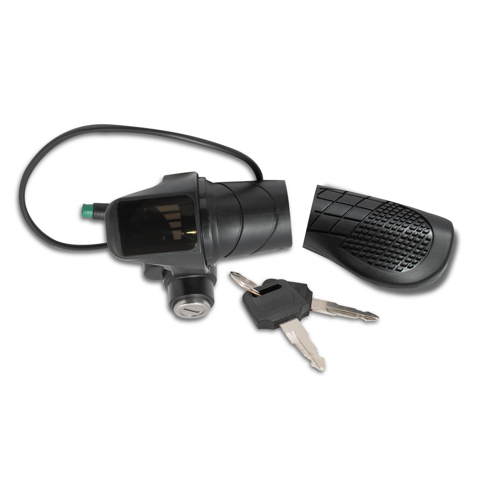 Replacement throttle with display and ignition unit for electric scooter, accompanied by two keys and a grip, all in black color.