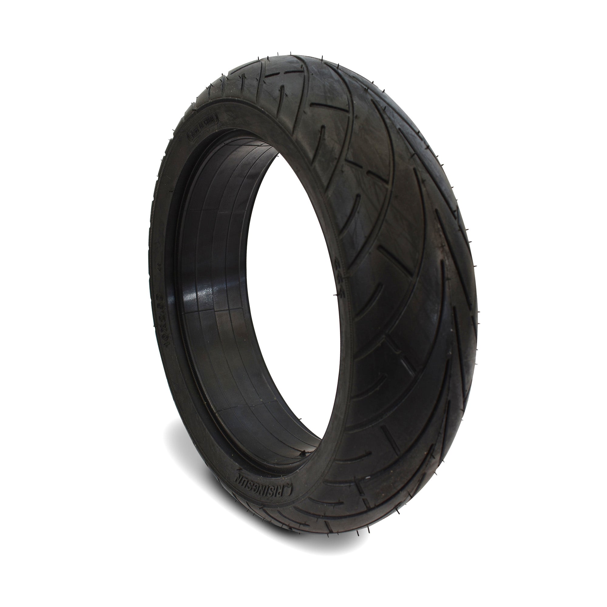 A solid black rubber rear tyre for an electric scooter.