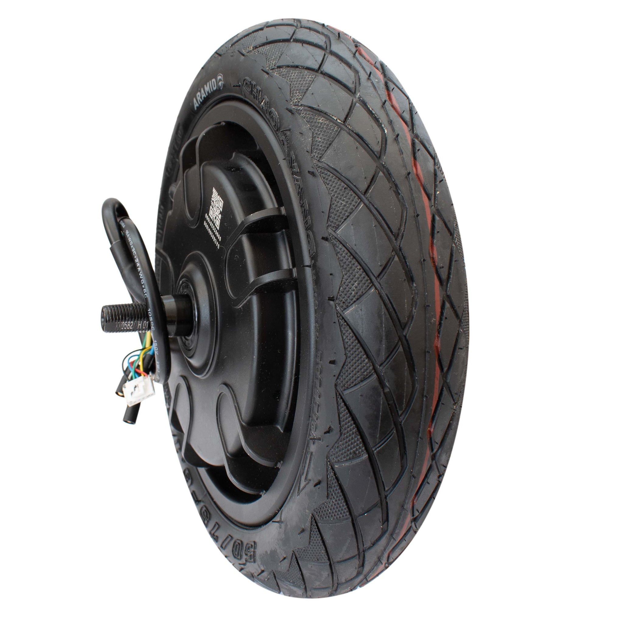 Rear drive wheel of an electric scooter, featuring a black tire and a motor housing.