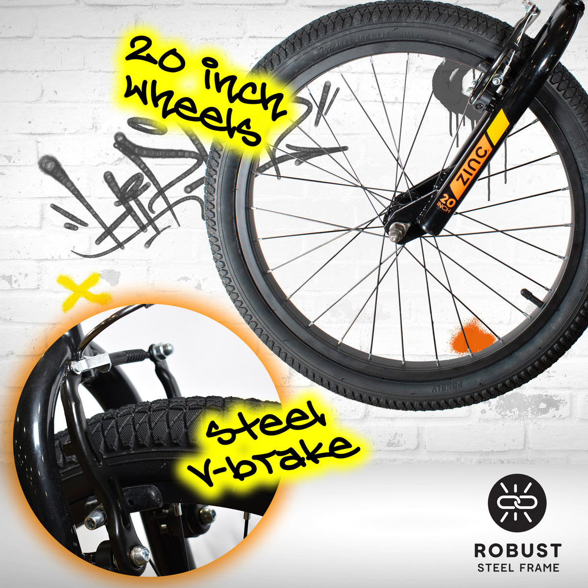 Close-up of a black bicycle wheel and fork with yellow text overlays reading '20 inch wheels' and 'steel V-brake,' plus a circular inset showing the brake detail and a Robust Steel Frame logo at the bottom right.