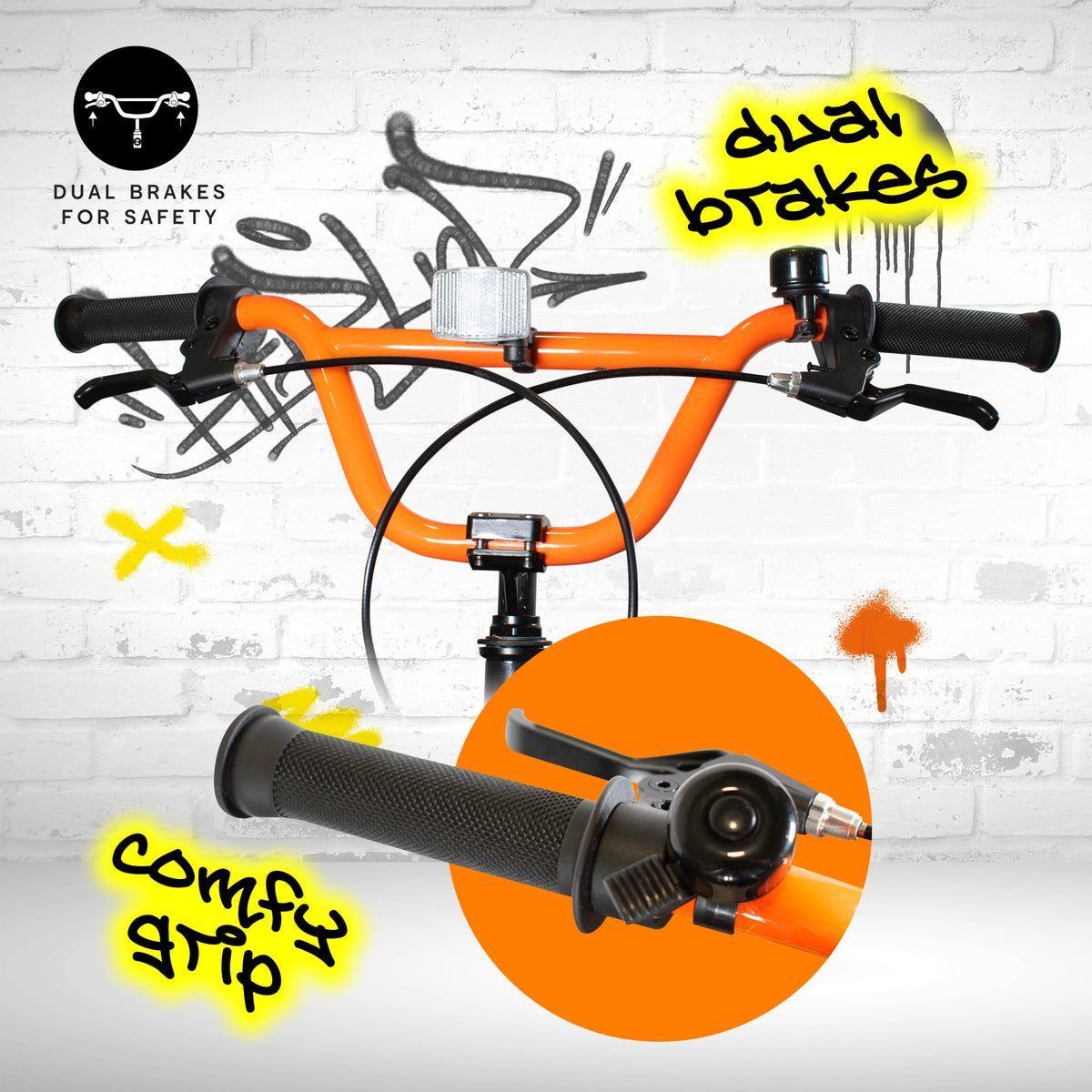 An orange bicycle handlebar set with black grips and brake levers, shown on a white brick wall background with promotional text and a circular inset close-up of the grip and brake assembly.