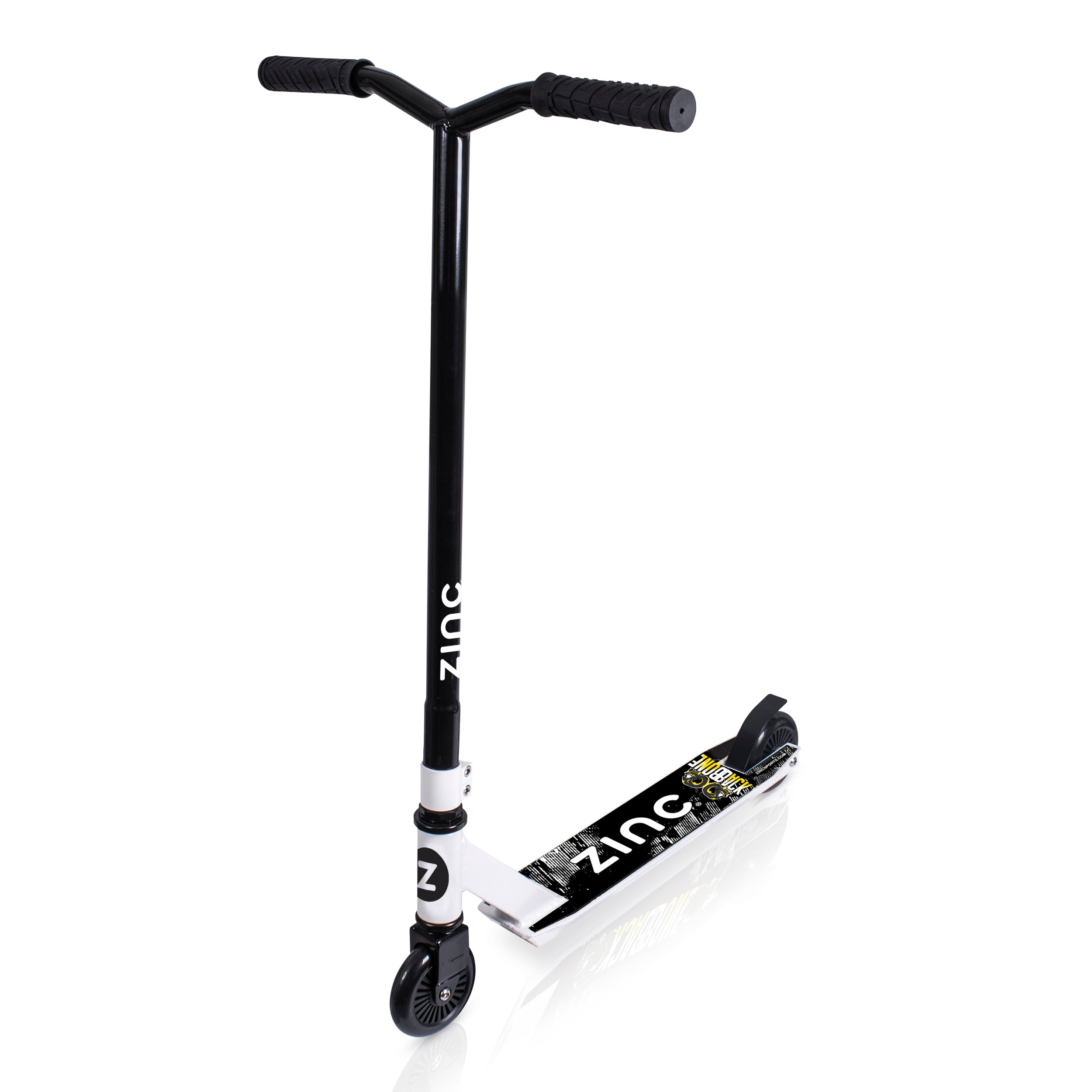 Zinc Backbone stunt scooter with black frame, seagull handlebars and 100mm PU wheels on white background