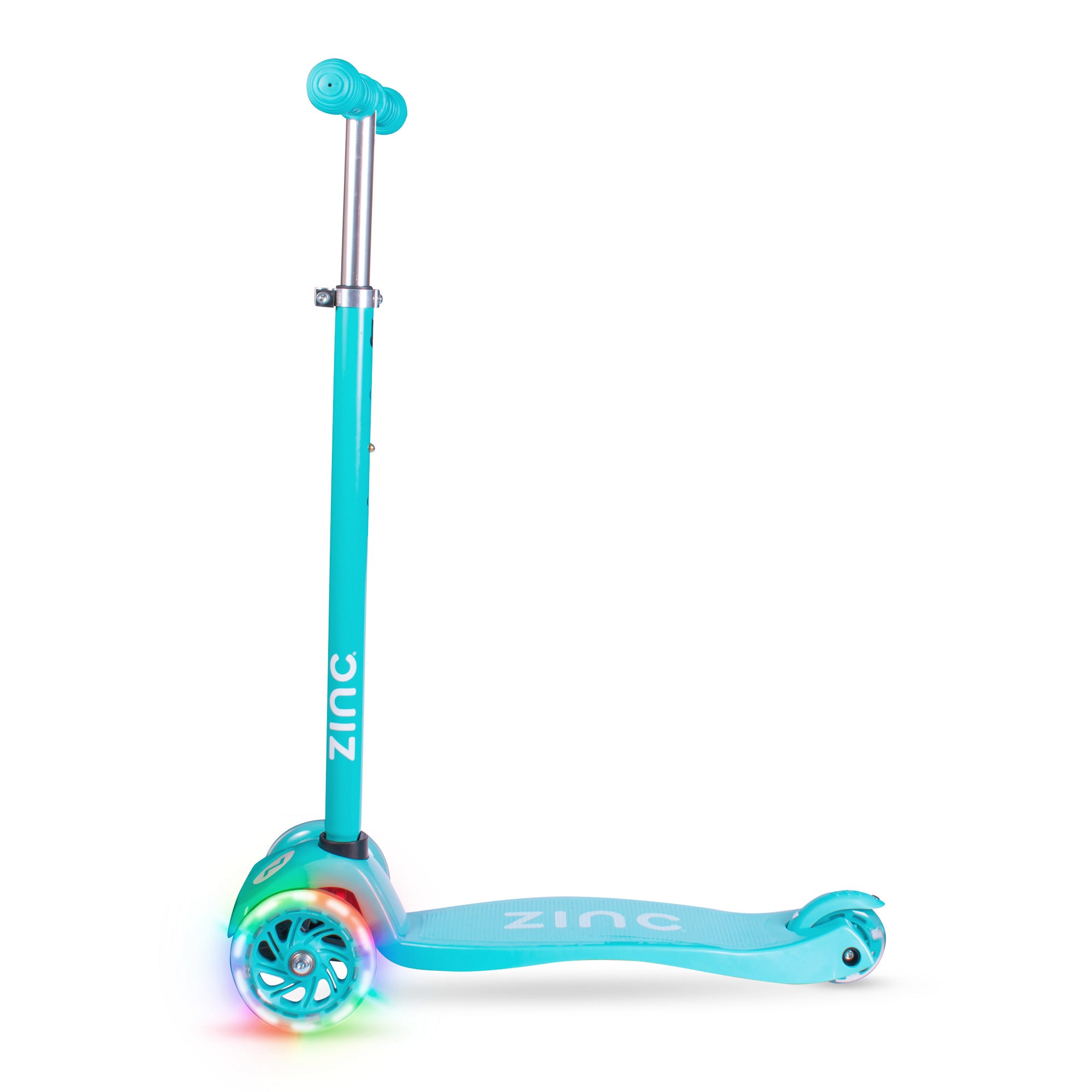 Zinc Three Wheeled Light Up Star Scooter Aqua Blue - side profile showcasing light-up wheels