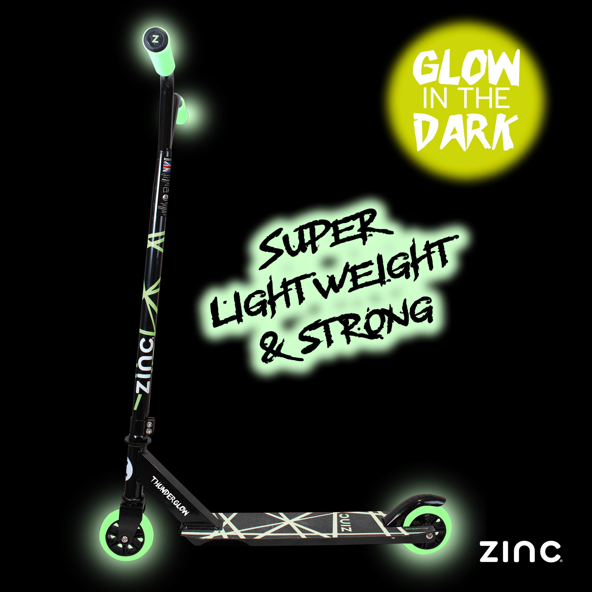Zinc Thunderglow stunt scooter side view highlighting 82cm height and balanced design for growing riders