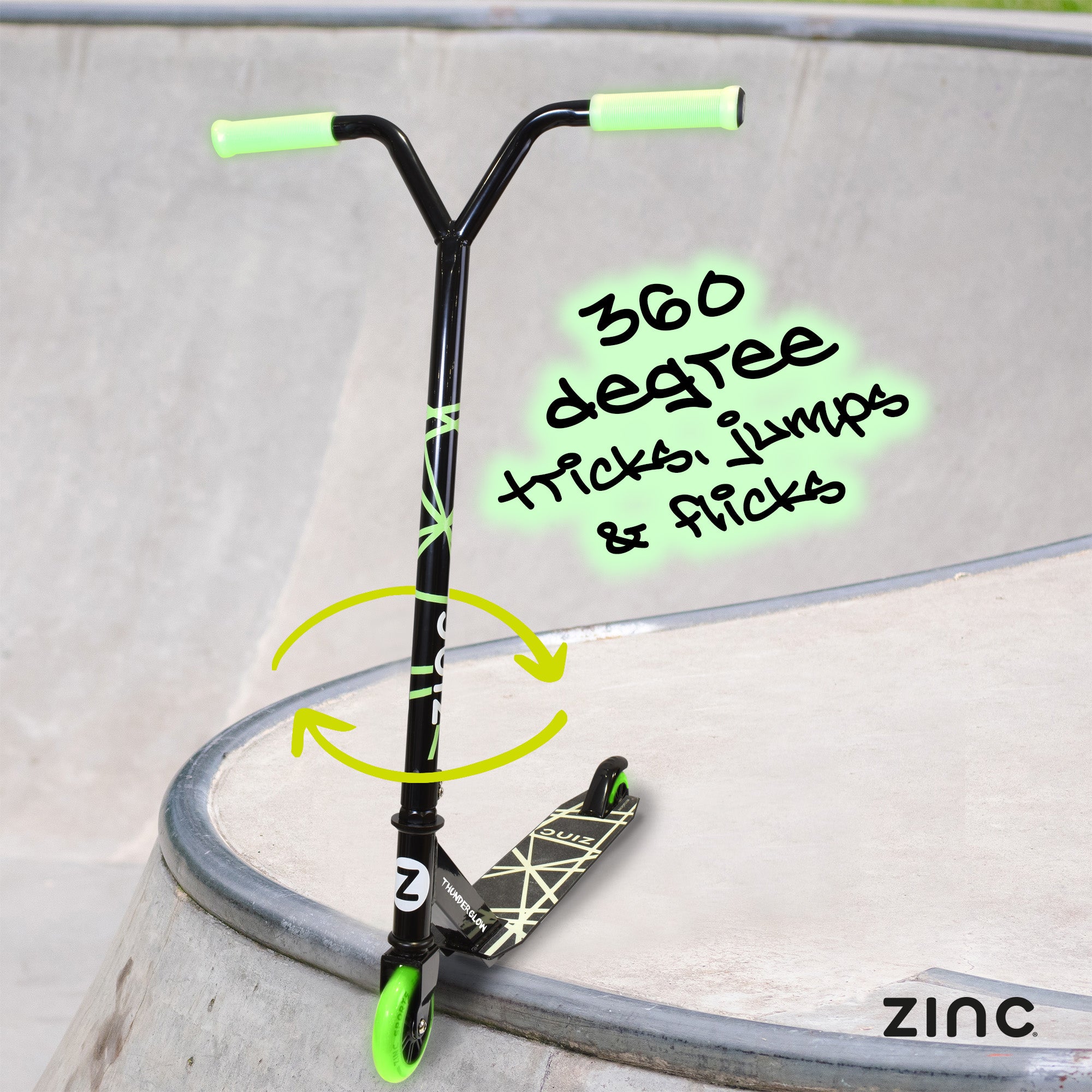 Zinc Thunderglow stunt scooter demonstrating lightweight construction perfect for aspiring stunt masters and trick learning