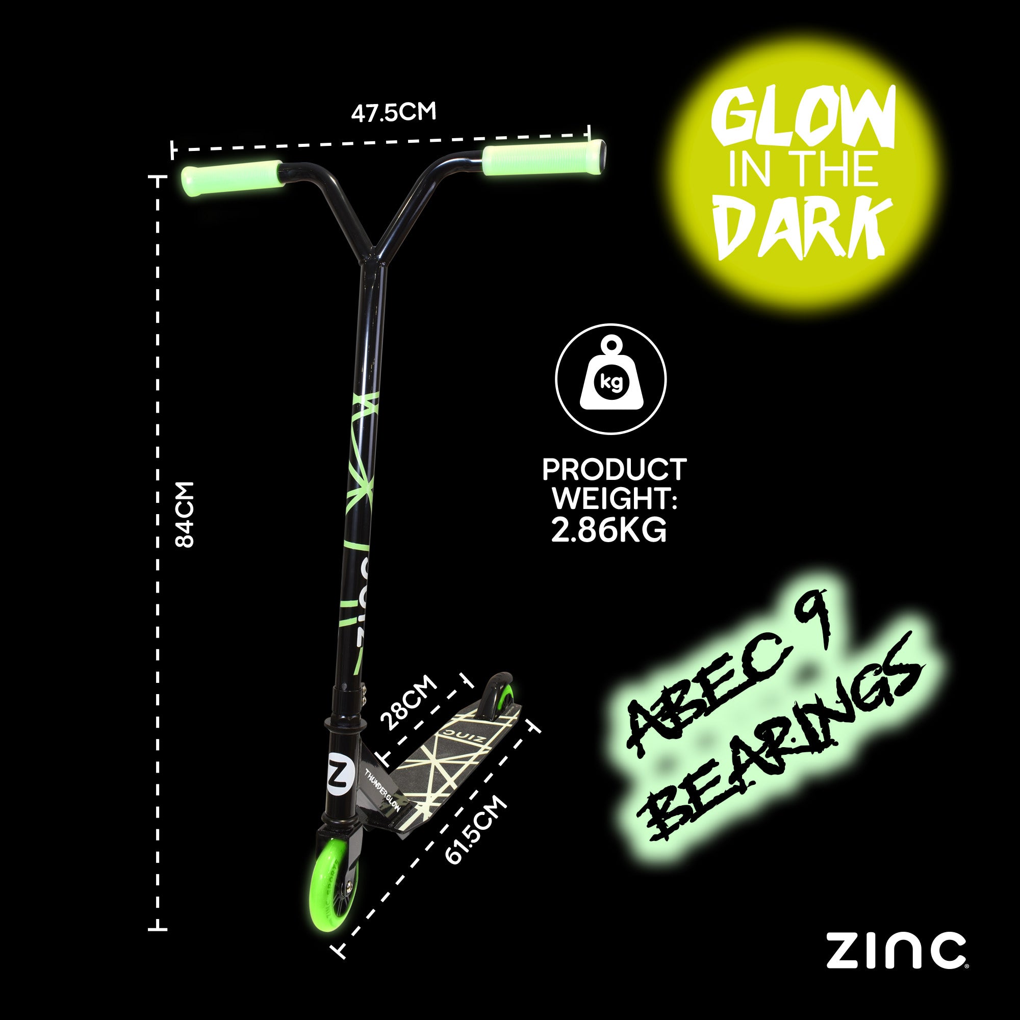 Glow-in-the-dark scooter with specifications on a black background