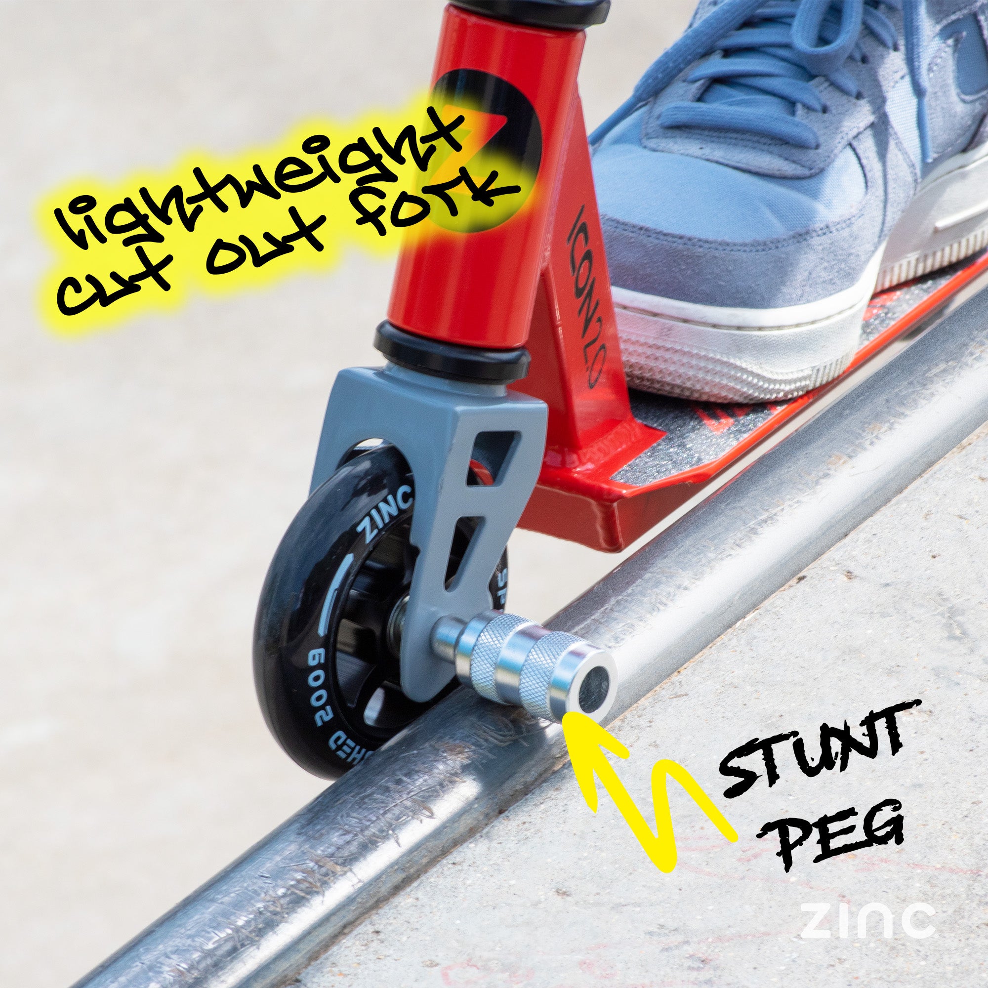 Zinc Icon 2.0 stunt scooter equipped with stunt peg for advanced tricks and skate park performance