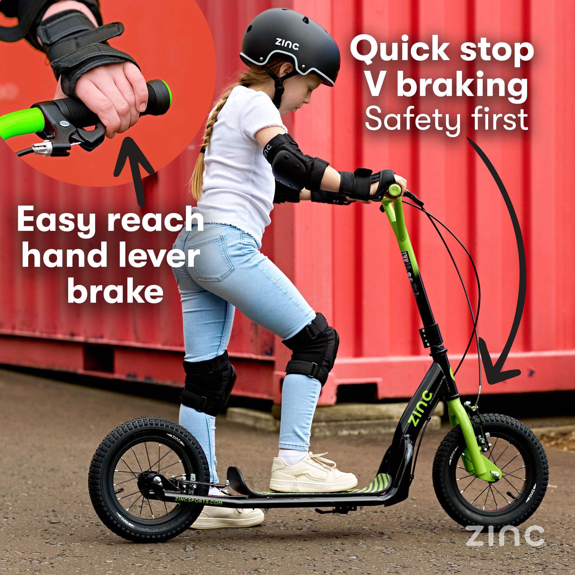 Girl riding Zinc Radikal BMX scooter in urban setting demonstrating front and rear caliper brakes