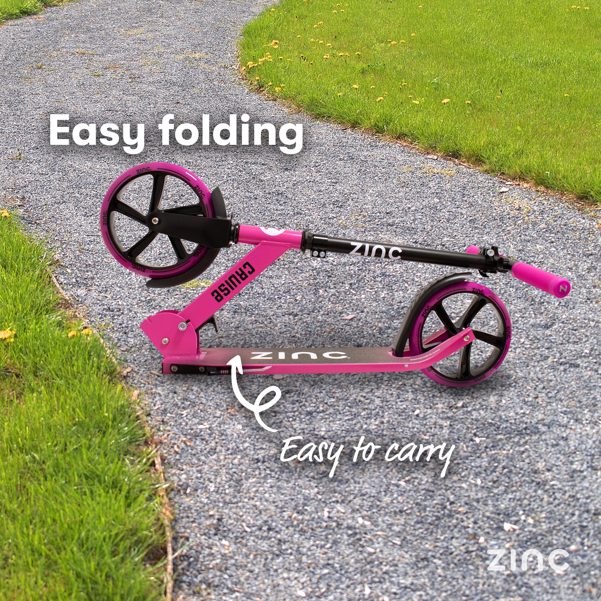 Zinc Cruise big wheeled scooter demonstrating easy folding and easy to carry features