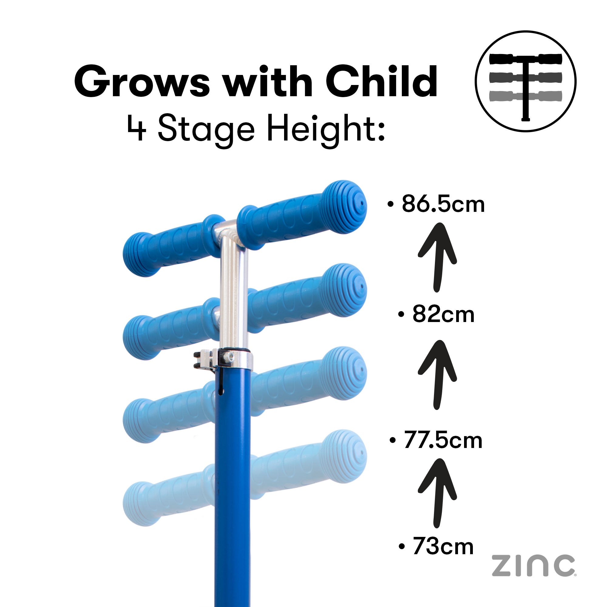 A blue three-wheeled Zinc Superstar non-folding scooter showing adjustable height handles.