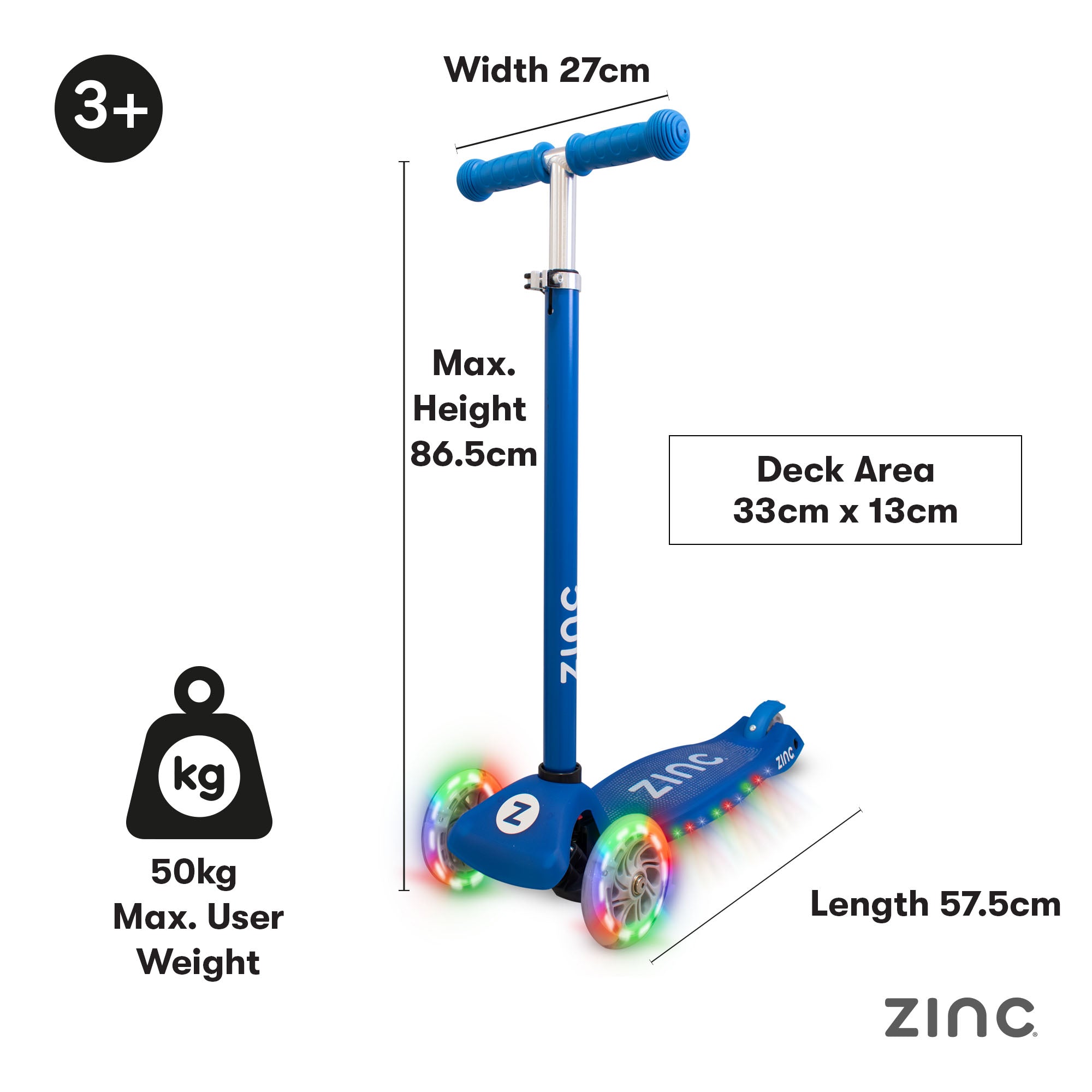 A blue three-wheeled Zinc Superstar non-folding scooter showing max weight and measurements