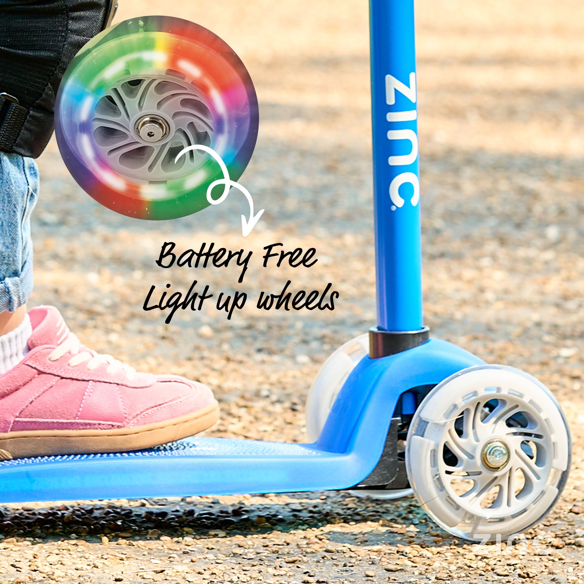 A blue three-wheeled Zinc Superstar non-folding scooter with close up of the led battery free light up wheels