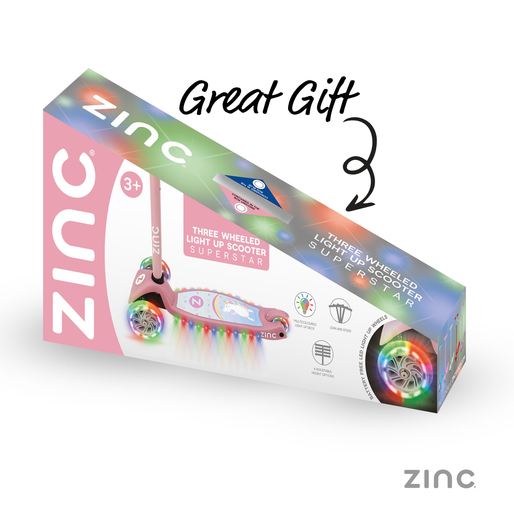 Zinc Superstar Non Folding Scooter Unicorn - assembly and packaging view showing product components