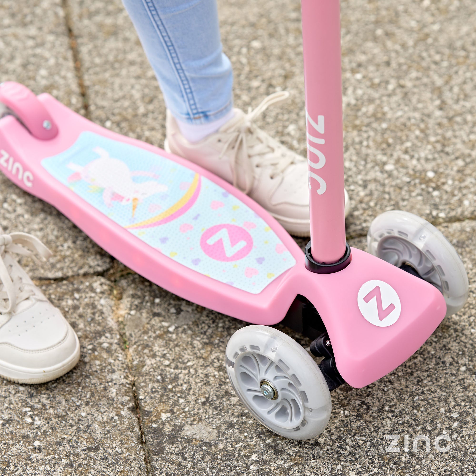 Zinc Superstar Light Up Deck Scooter Unicorn - close up of printed deck and Zinc branding