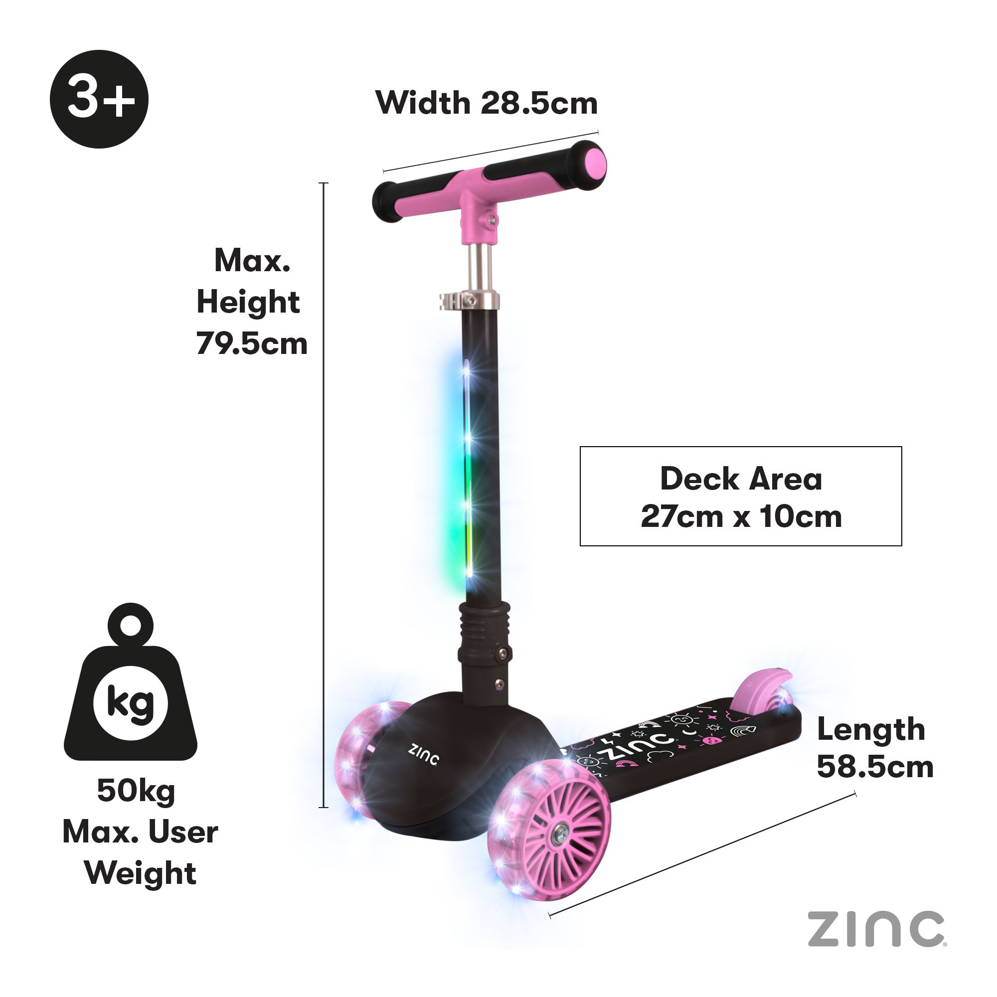 Black and pink T-Motion Shine scooter showing LED light features